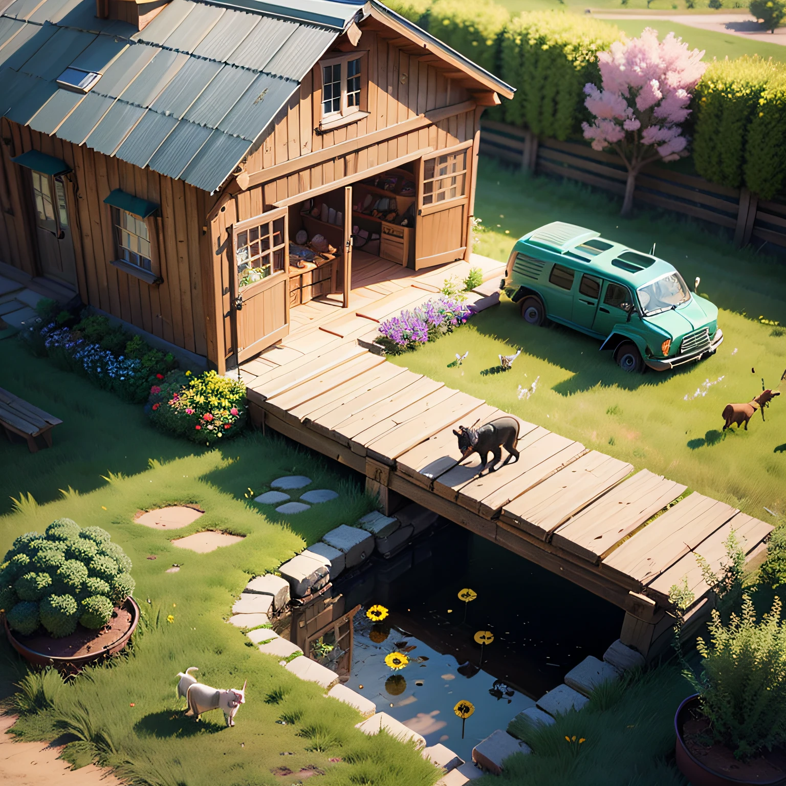 Game architecture design, cartoon, farm, stone, brick, grass, river, flowers, vegetables, wheat, trees, animals, casual play style, 3d, blender, masterpiece, super detail, best quality --auto