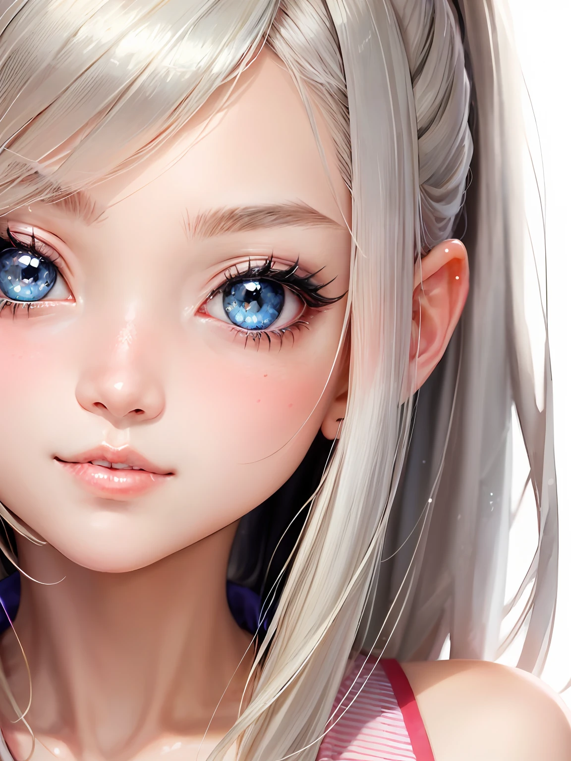 shiny, shiny hair, shiny clothes, ((face)), closeup shot, closeup, detailed eyes, anime girl with blonde hair, bangs, blue gray eyes, Aegyo-sal, eyebags, makeup, blush, blush nose, glitter on eyelids, perfect anime face, semi - realistic anime, detailed anime soft face, pink clothes, extreme details, masterpiece,