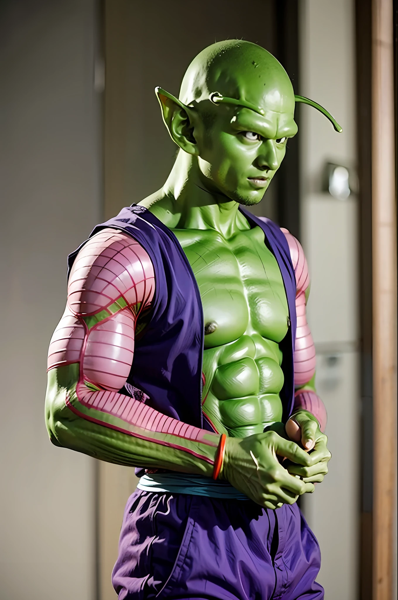 masterpiece, best quality, realistic, photorealistic, 8k,piccolo, 1boy, male focus, solo, standing, pointy ears,(purple dougi), green skin, oni horns, purple pants, closed mouth, looking at viewer, ((bald)),arms at sides,pink patches,black eyes, blue sash, deep and dark background.