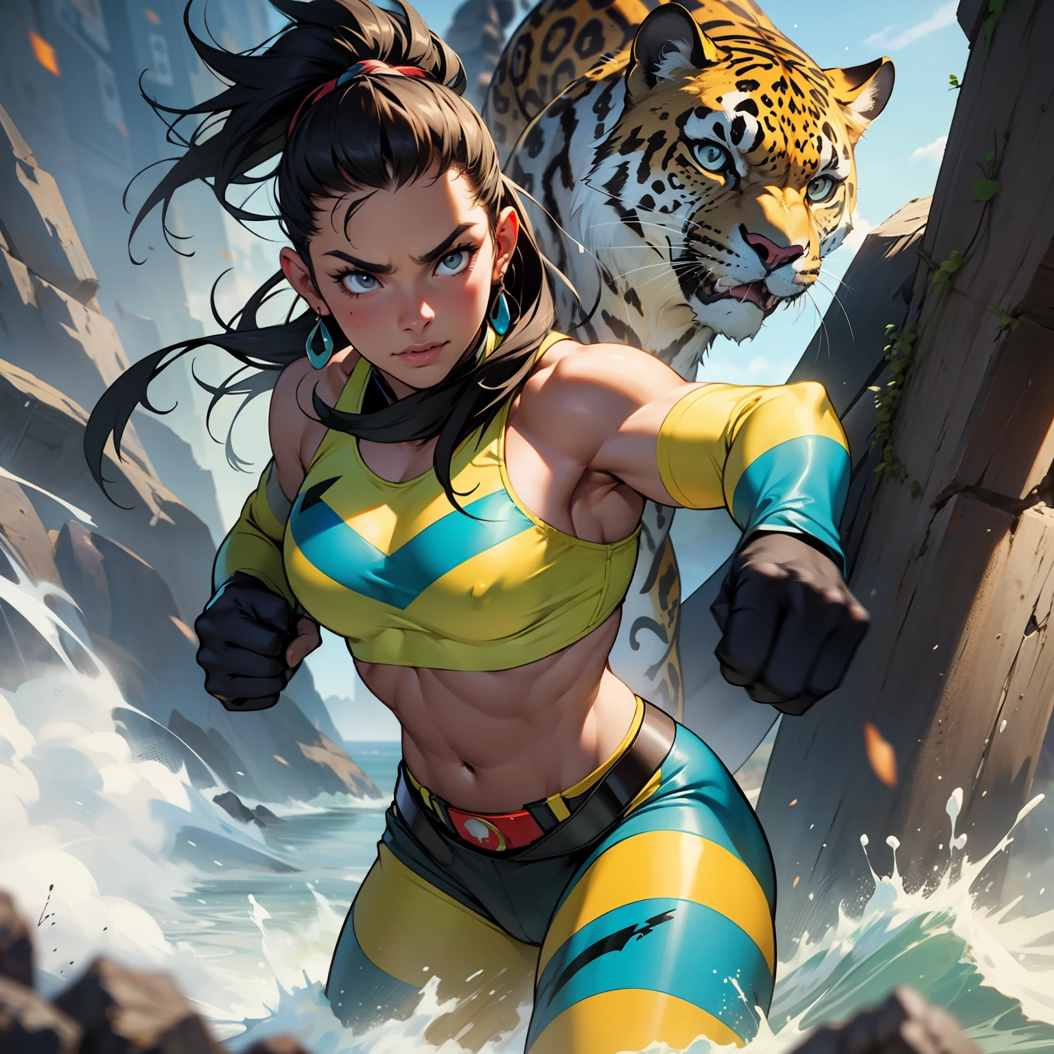 An indigenous Brazilian with hair fulfilling superhero, epic 8K, fighting against a jaguar in the Amazon
