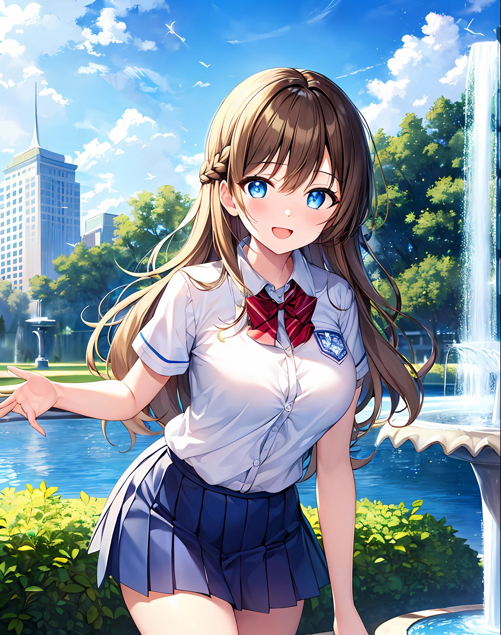 (masterpiece, top quality), girl, long hair, princess cut, braid, light brown hair, happy, large_breasts, blue eyes, red_bow, school_uniform, short_sleeves, blue_skirt, bare_legs, blue_sky, fountain, front view, insight, chest squeeze, light in the pupil