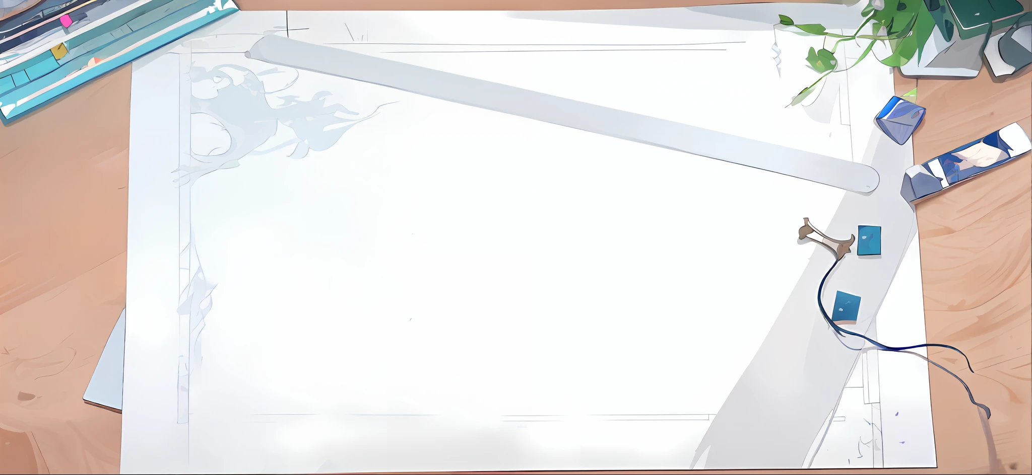 there is a picture of a table with a paper and scissors, background(solid), game overlay, ui card, official concept art, grimoire page, alchemist library background, sheet paper, atelier lulua, highschool background, key is on the center of image, subject center bottom of frame, old film overlay, symmetry!! concept art, sheet of paper
