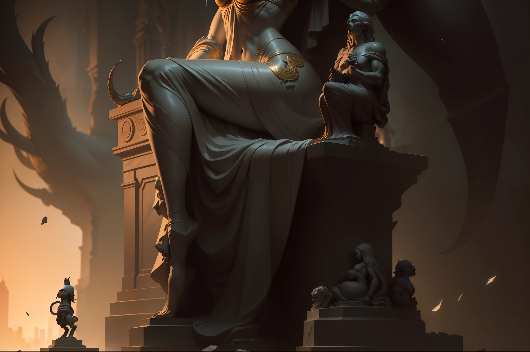 mythological painting style, greg rutkowski, zbrush, epic fantasy scene, oil painting, paranormal realism, digital art, digital painting, artwork, eye level lens, pov, first-person perspective, shiny statue, firelight, cthulhu statue, broken statue, cinematic lighting, high contrast, close up, realistic texture, unreal engine, sunlit statue, broken stone suspended in the air, gold thread, white statue, mystical, mysterious text, head up, low angle camera, Giant shooting, unique perspective, avoid frontal shooting, ((white marble statue)), huge female statue, lower body, lower body