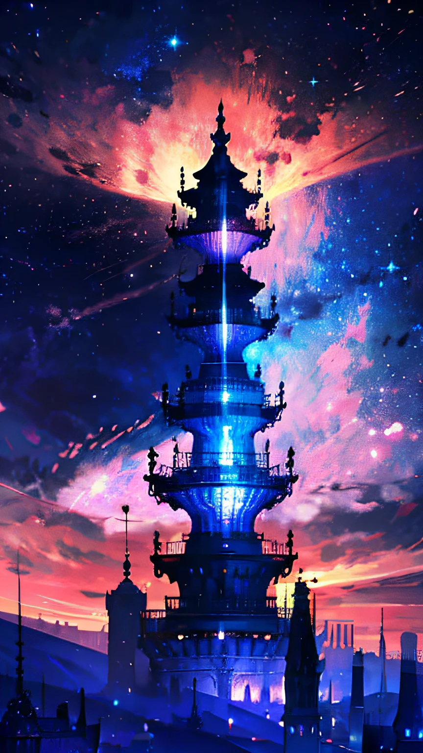 Tower of Gods, Purple Tower, Violet, Sky Blue, Pink, God, Colored Sky, Violet Sky, Starry Sky, Starry Sky Tower, God of the Starry Sky, Light Blue, Civilization, Order