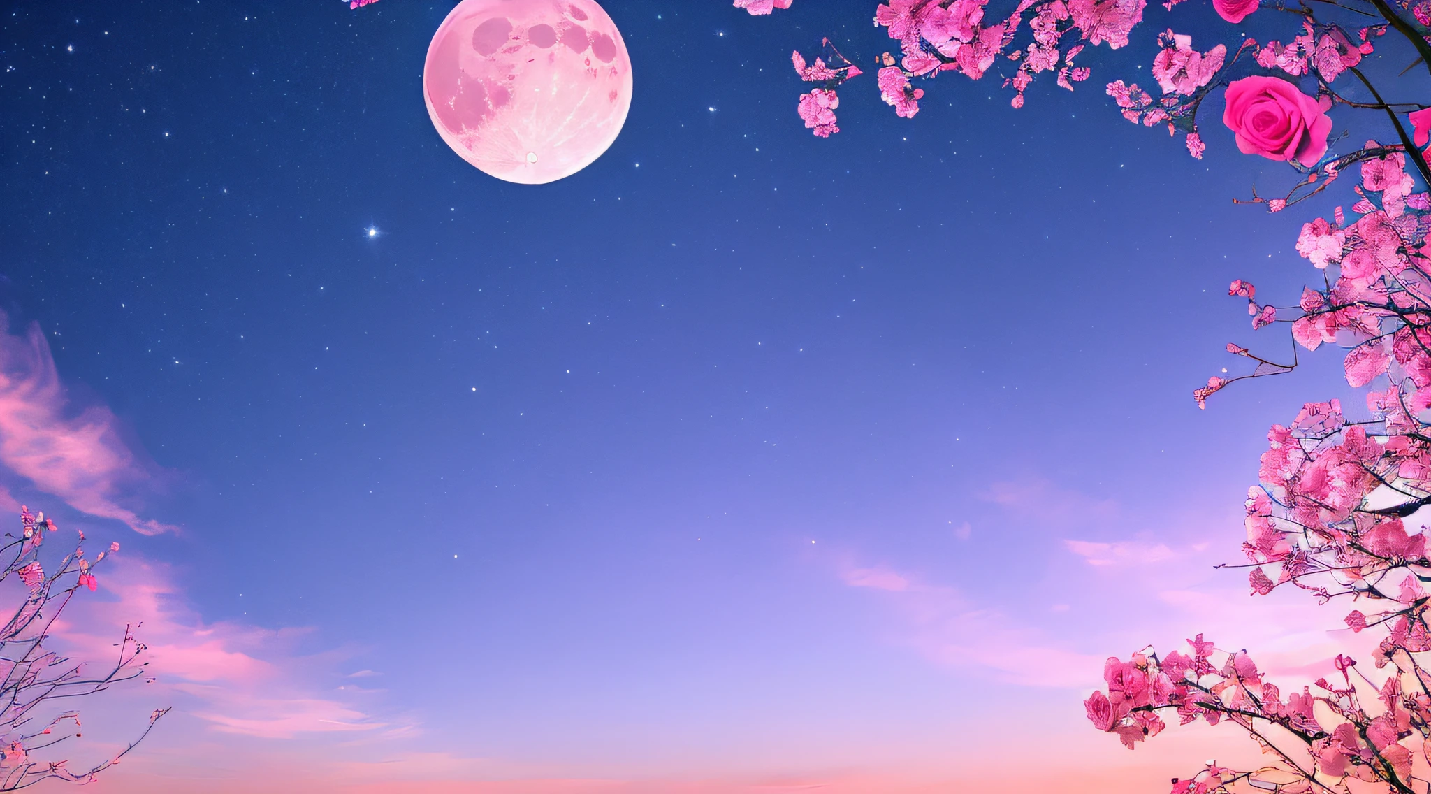 Pink moon, pink sky, soft pink clouds, pink ocean waves sparkling, sparkling, pink roses on pink ocean, fantasy, diamond, crown, universe, soft lights,