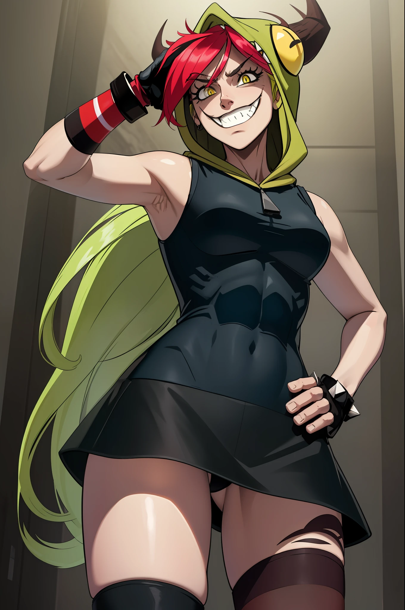 (masterpiece, best quality:1.2), cowboy shot, solo, 1girl, demencia, evil grin, looking at viewer, hands on hips, yellow eyes, striped, vest, sleeveless, hood, horns, thighhighs, fingerless gloves, jewelry, bracelet, spikes, midriff exposed, abs, (((from below)))