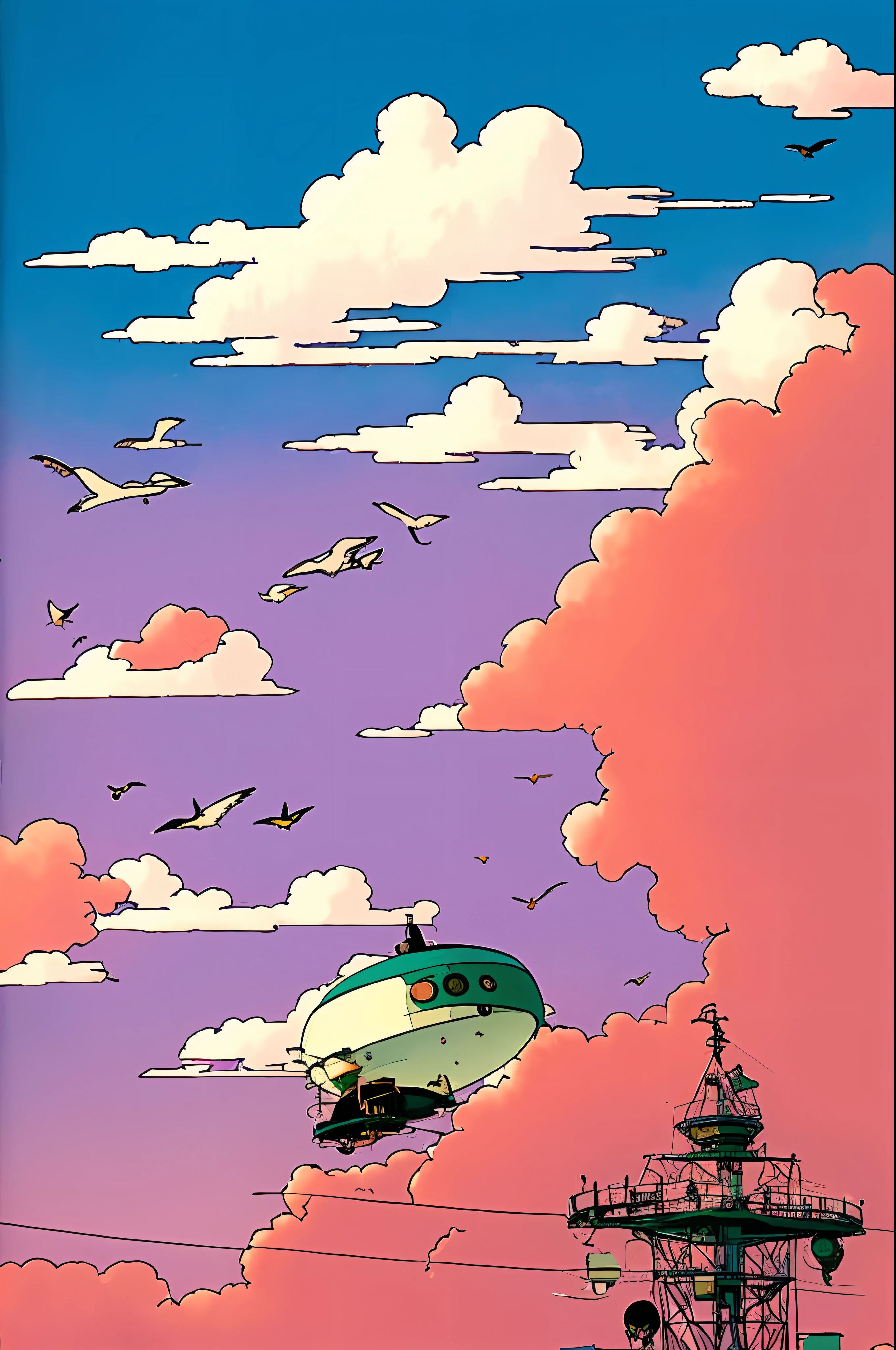 there are many birds flying around a flying saucer, studio ghibli aesthetic, ghibli moebius, medium shot. by hayao miyazaki, from akira ( 1 9 8 8 ) style, studio ghibli sky, flcl, in style of studio ghibli, moebius aesthetic, flying ships in the background, in style of ghibli, ghibli vibe, ghibli art style