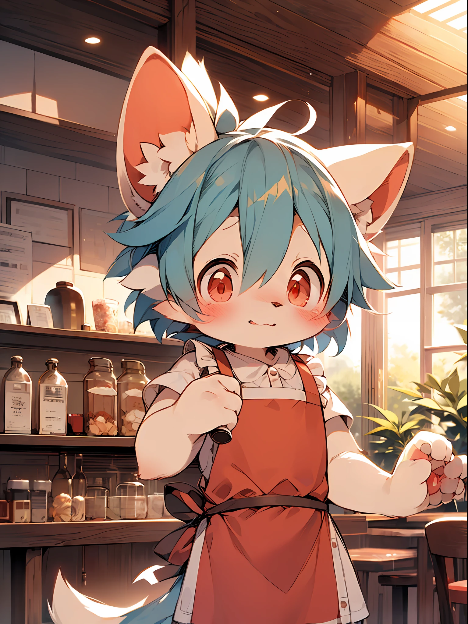 (white fur, detailed fur, red eyes and light blue hair), cute, standing, master masterpiece, high resolution, 8k, detailed background, high quality, boy, male, (by Dagasi: 1.1), solo, apron, café, cup