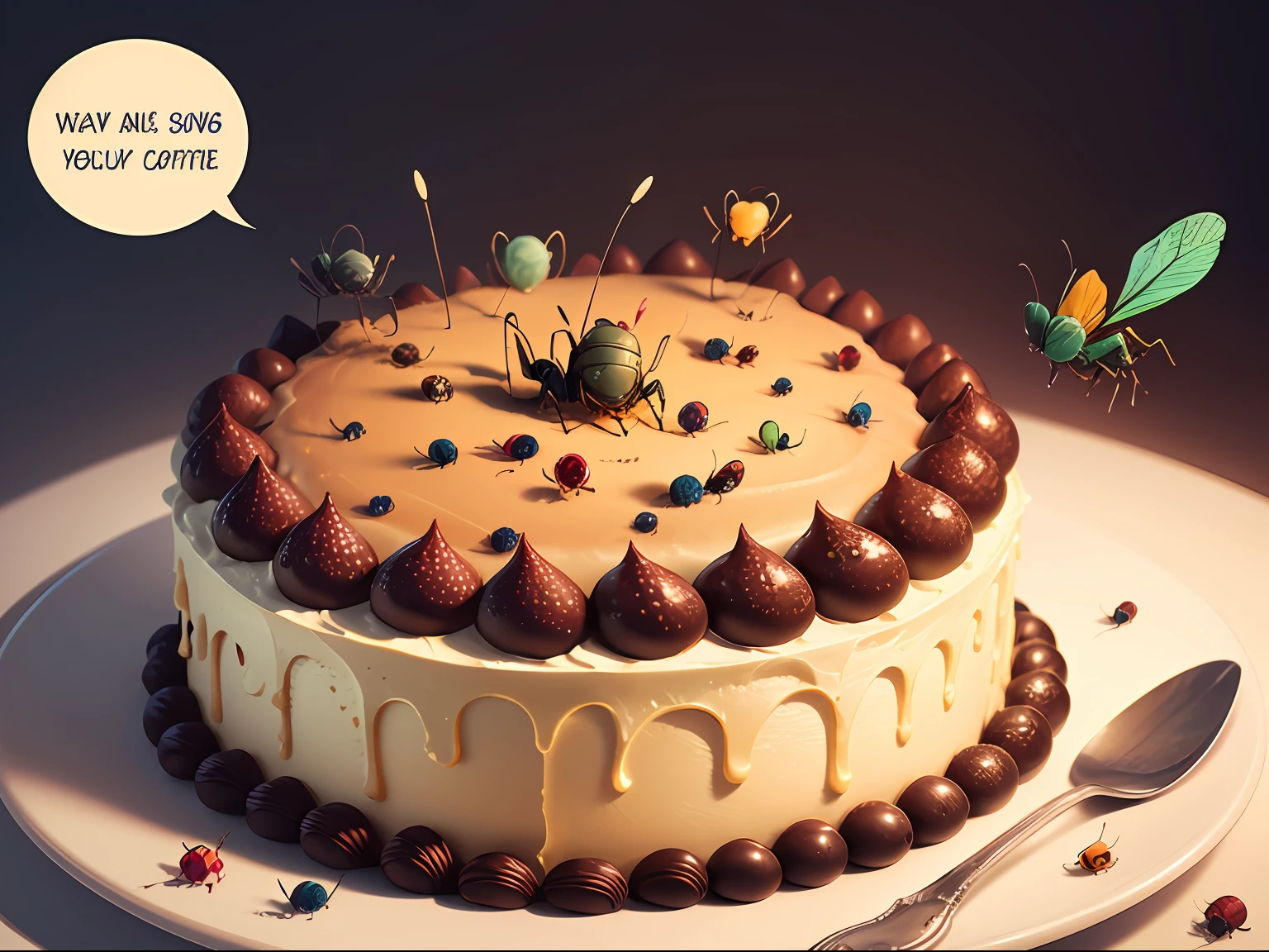 A caricature of a moldy birthday cake, moldy birthday cake, broken cake, a few big bugs crawling on the cake, real bugs, bugs eating cake, comic style, exaggerated, HD, vector --auto