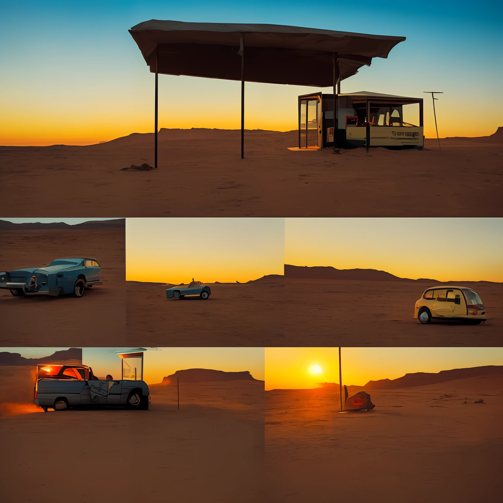 "Isolated convenience store in the middle of the desert at sunset, car parked outside, lo-fi, nostalgic." --auto