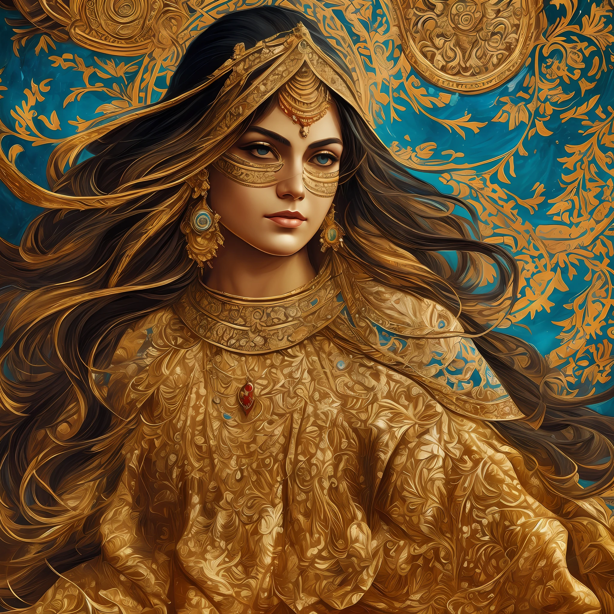 Command: ``/create prompt:a close up of an Indian warrior woman deity with black hair and a red mask, golden ornaments, silver trinkets,blood spatter,beautiful character,dark cyan tunic, yellow tunic, elegance, mystique, knowledge, dignified stance, intricate patterns, nature motifs, celestial motifs, deep contemplation, majestic cape, luxurious fabrics, swirling patterns, magical atmosphere, harmonious color palette, enchantment, wisdom. Tetradic, warm colors, best quality, masterpiece, high resolution, photorealistic, intricate, rich background painting,Andrew Atroshenko, artwork in the style of Andrew Atroshenko, black haired deity, byAlexandr Averin , epic exquisite character art, stunning character art, by Jules Bastien-Lepage,on pixiv artstation  model:Sreal`` --auto