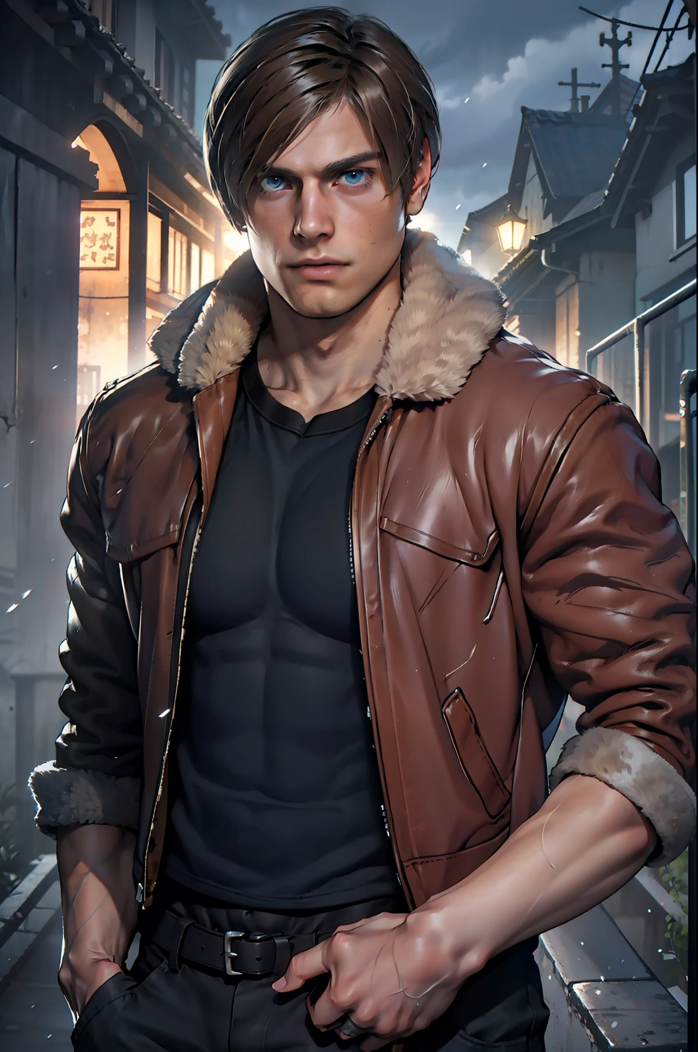 1 man, flat style, illustration, young man, 27 year old, Leon S. Kennedy from Resident evil 4, face of Eudard Badaluta, solo, white skin, muscular, lean muscle man, tall, hunk, wide shoulder, clean-shaven, dark brown hair, curtain hairstyle, dark brown cold long sleeve leather jacket with white fur on the neck, black color T shirt inside, black pant, holding a pistol on right hand, viewer looking, high resolution:1.2, best quality, upper body shot, close up shot, cloudy sky and old Spanish village background, nightime, low camera angle, volumetric lighting, depth of field, shadow