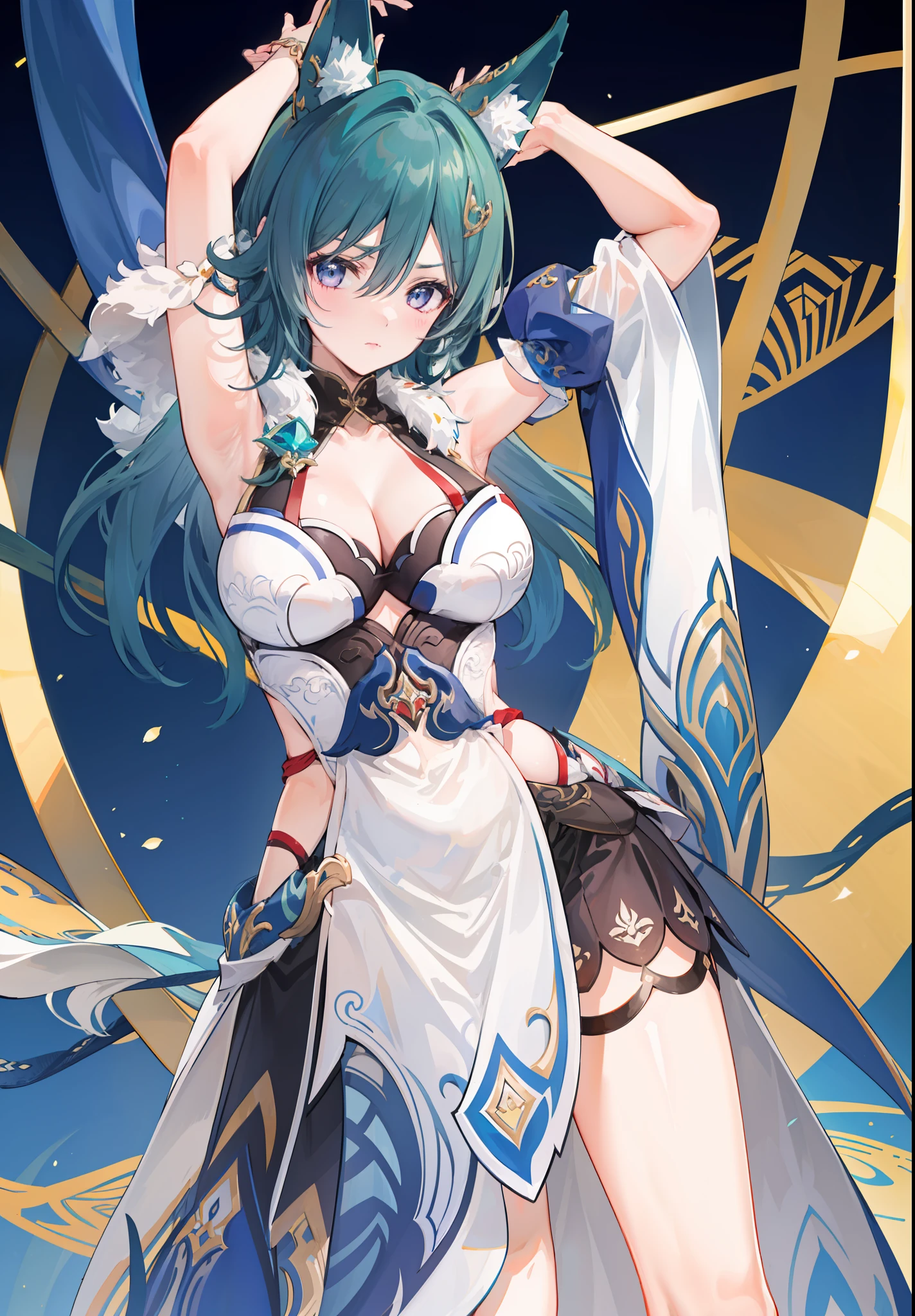 masterpiece, best quality, high resolution,
1girl, solo, Yukong, standing, big breasts, arms up,