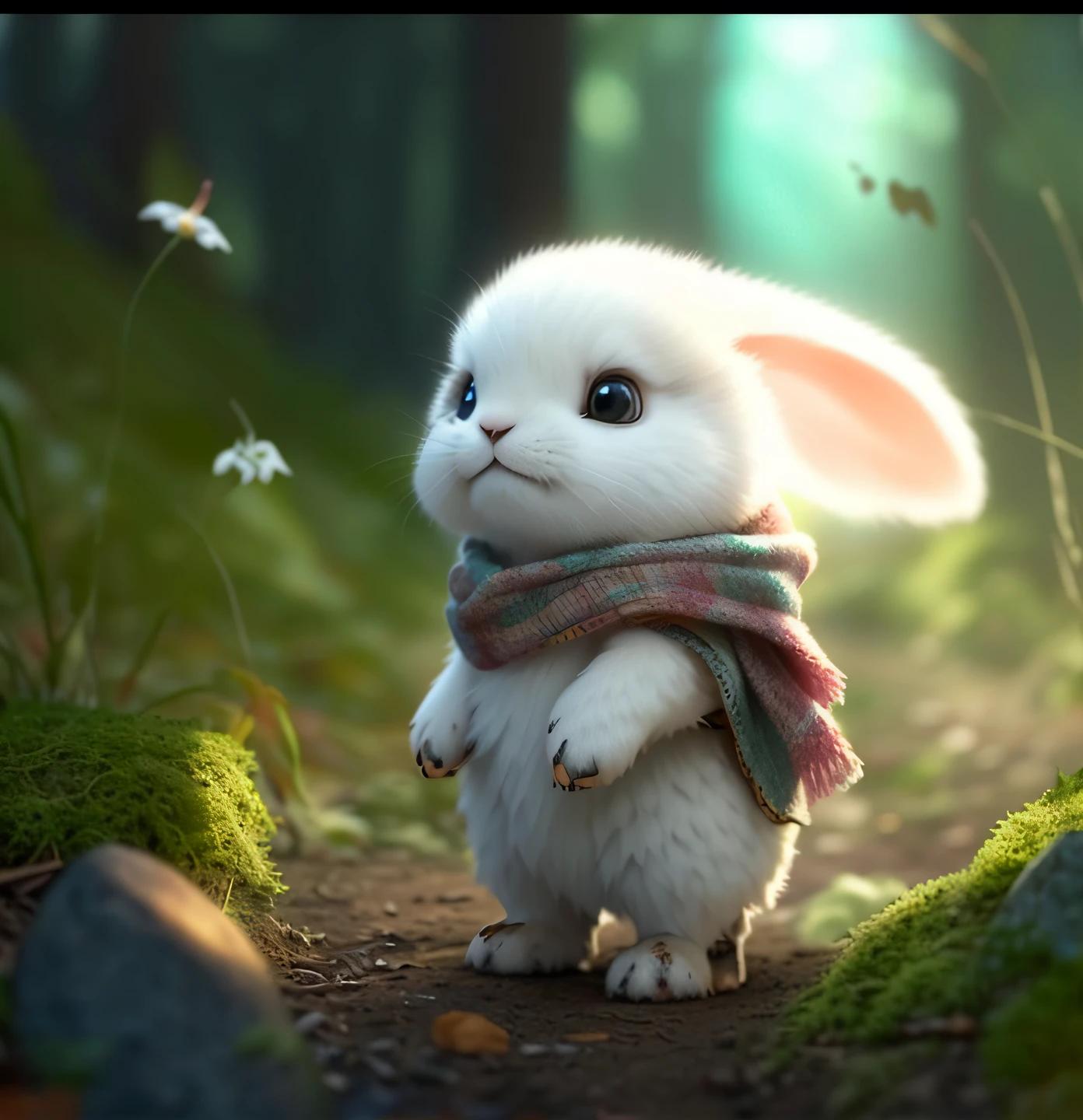 a white rabbit standing in the woods with a scarf on, adorable digital painting, cute detailed digital art, cute forest creature, cute anthropomorphic bunny, cute digital art, cute 3 d render, cute character, cute cartoon character, cute creature, fantasy matte painting，cute, rabbt_character, cute little creature, anthropomorphic rabbit, cute animal