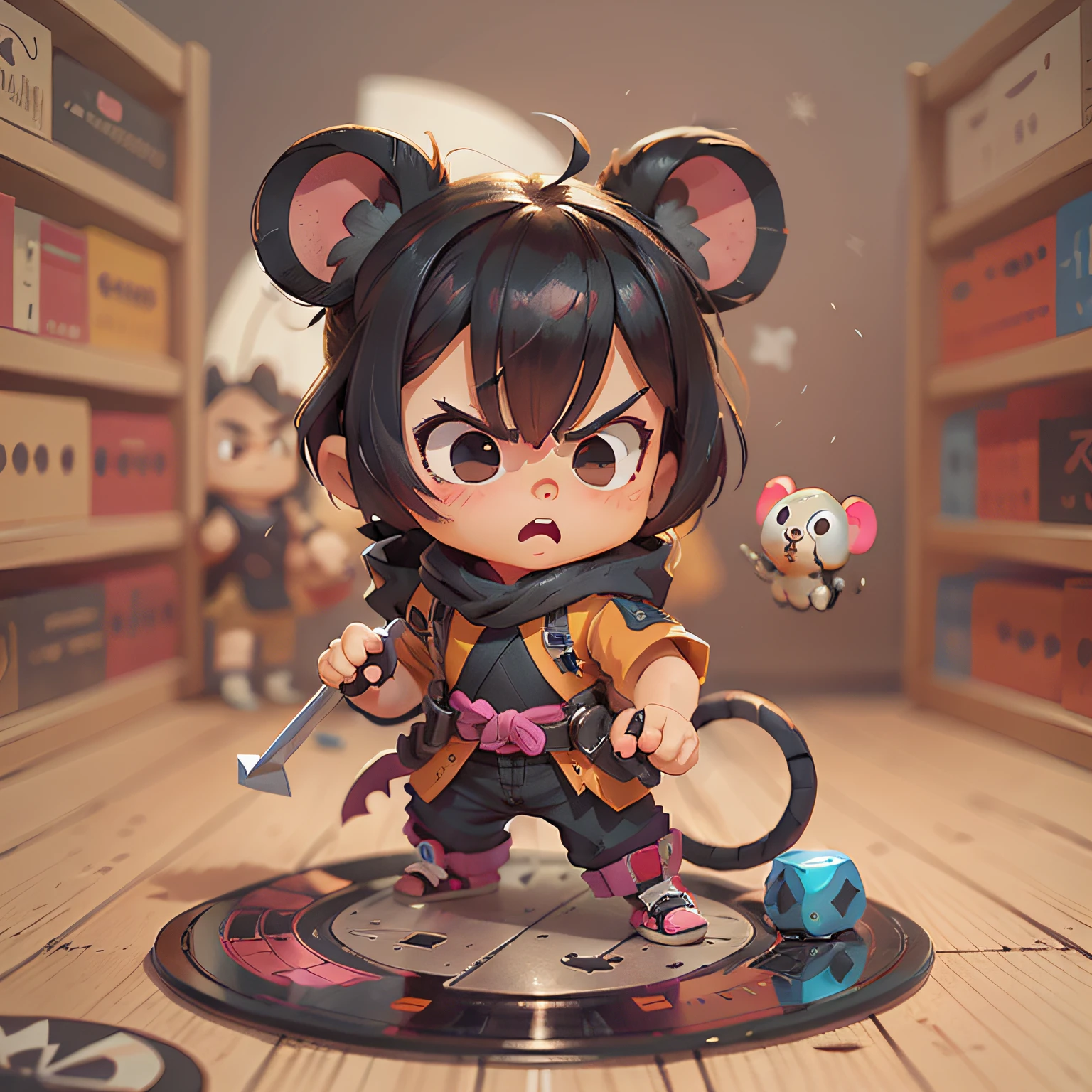 chibi, mouse, cute, black ninja, (holding a shuriken),(perfect holding hands), angry face, action pose, bigbadejo, full body, masterpiece, 3D Rendering, Best Quality, Lots of Detail, (plain background), vinyl toy figurine