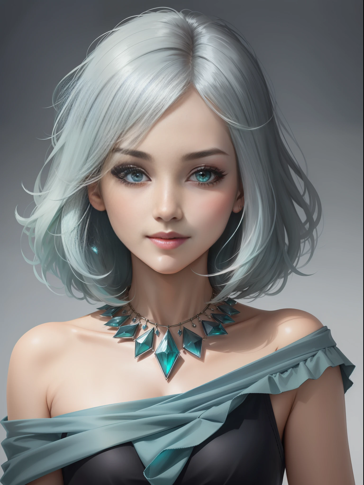 Side face person on white background, round face with smile, round face, realistic portrait of kawaii, lady, blue-green skirt, blue-green crystal necklace, glass texture, blue-gray hair, CG rendering, non-realistic, straight hairstyle, 8K highly detailed face, round face, single realistic face, Guweiz-style artwork, Korean symmetrical face, beauty filter, fair beautiful face, realistic, virtual character, full body, clear jawline, bright picture, white and tender skin, HD picture, all around sparkling