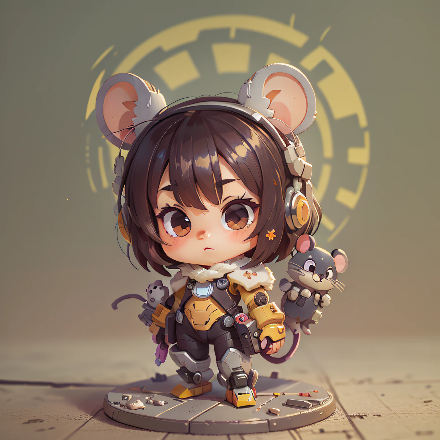 chibi, mouse, cute, mech like diva overwatch, bigbadejo, full body, masterpiece, 3D Rendering, Best Quality, Lots of Detail, (plain background), vinyl toy figurine