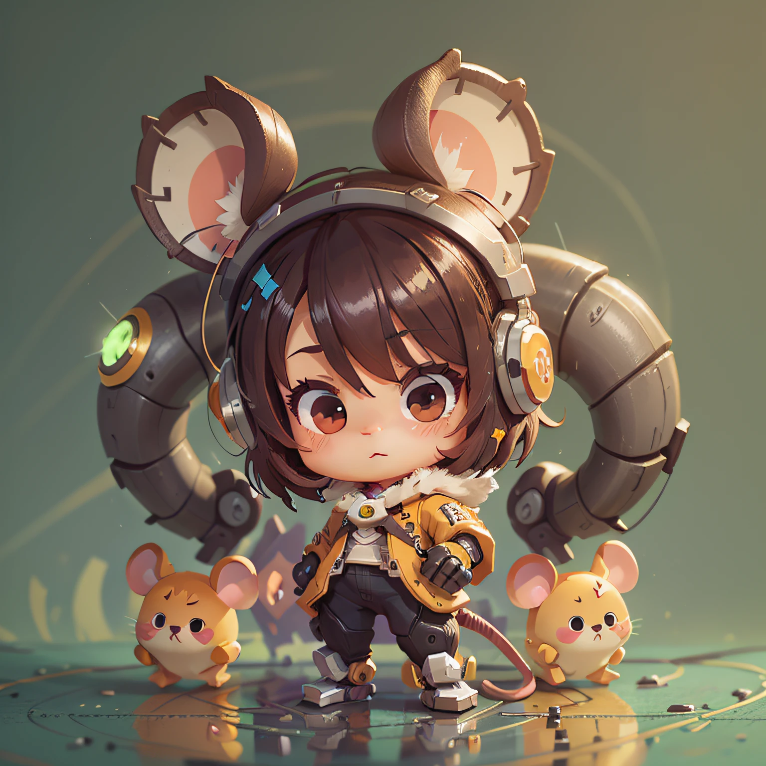 chibi, mouse, cute, mech like diva overwatch, bigbadejo, full body, masterpiece, 3D Rendering, Best Quality, Lots of Detail, (plain background), vinyl toy figurine