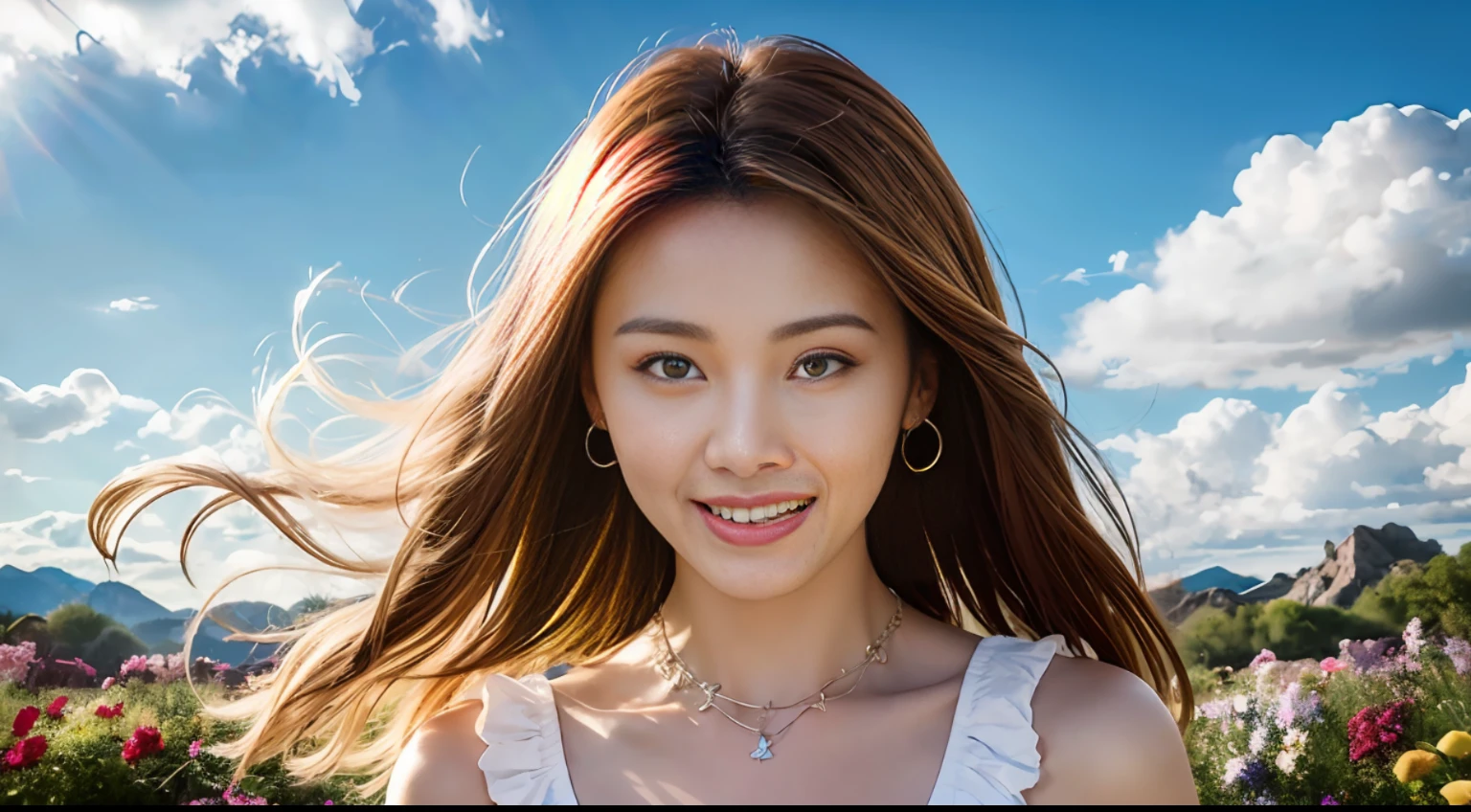 1 Girl, Dynamic Angle, Clouds and Mountains, (Flower Garden: 1.4) Foreground, White Dress, Light Tracing, (Floating Colorful Wind: 1) (Realistic: 1.4), Official Art, Unity 8k Wallpapers, Ultra Detail, Beautiful and Beautiful, Masterpiece, Best Quality, Glowing Skin, Movie Lighting, Light Smile, Necklace, Korean Women