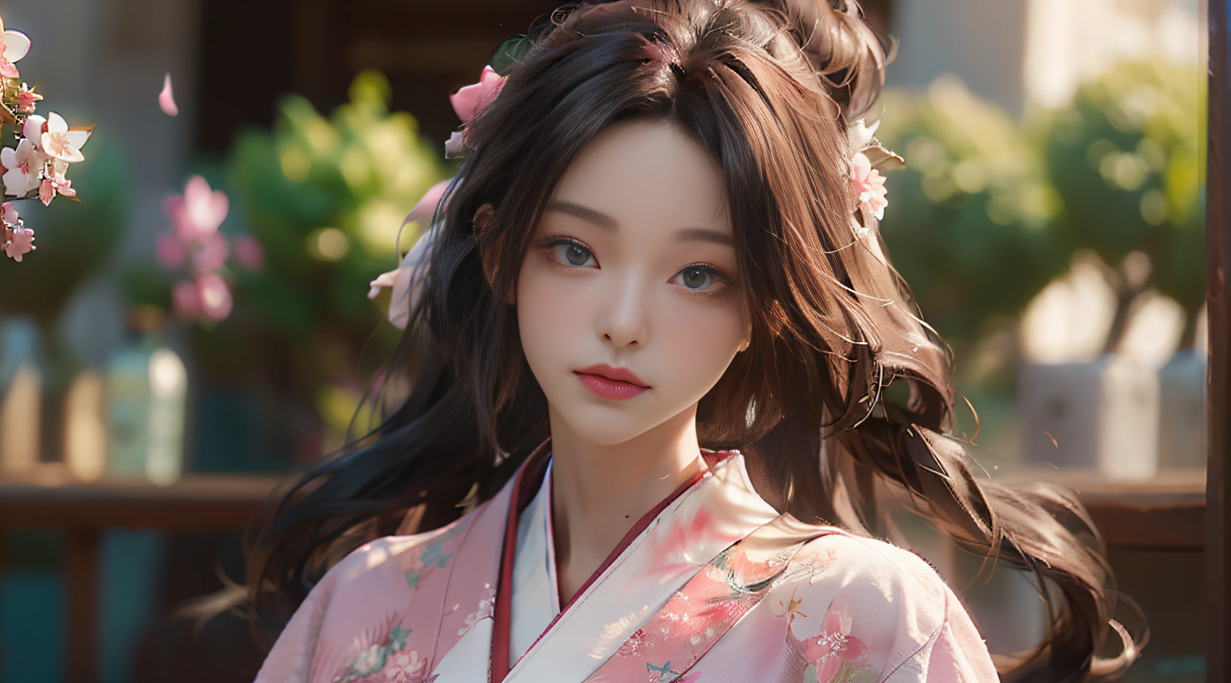 ((Best Quality)), ((Masterpiece)), (Detail: 1.4), 3D, Beautiful Cyberpunk Female Image, HDR (High Dynamic Range), Ray Tracing, NVIDIA RTX, Super Resolution, Unreal 5, Subsurface Scattering, PBR Texture, Post-Processing, Anisotropic Filtering, Depth of Field, Maximum Sharpness and Sharpness, Multi-layer Texture, Albedo and Highlight Mapping, Surface Coloring, Mitsu-Accurate Simulation of Material Interactions, Perfect Proportions, Octane Rendering, Two-color Light, Large Aperture, Low ISO, white balance, regular three-point, 8K RAW, beautiful bright pupils, flowing robes, fine pupils, delicate face and eyes, long eyelashes, blush, fluffy hair, pink lips, pure, cute, cherry blossom petals falling