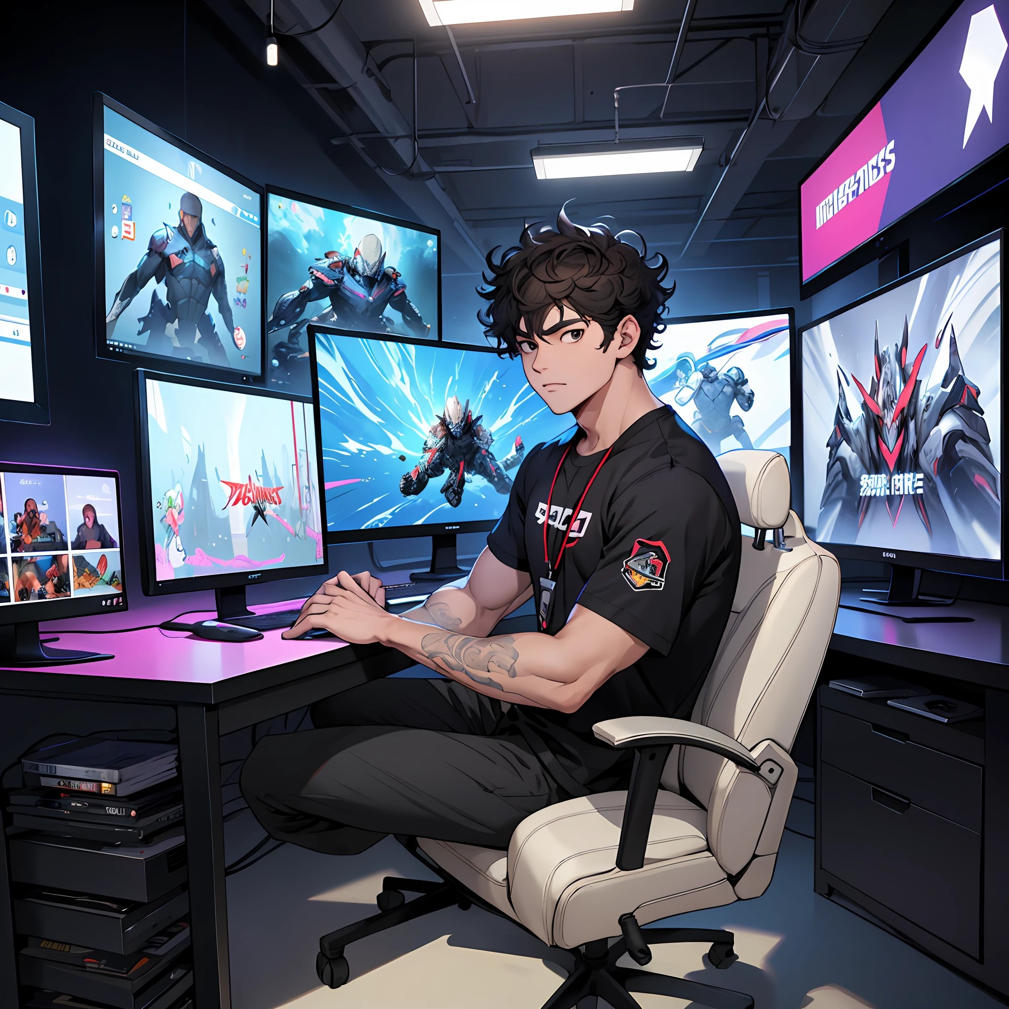 Best quality: 1.0), (Super High Resolution: 1.0), Anime boy, curly black hair, black eyes, sitting in front of computer playing games, background in esports room, brunette color