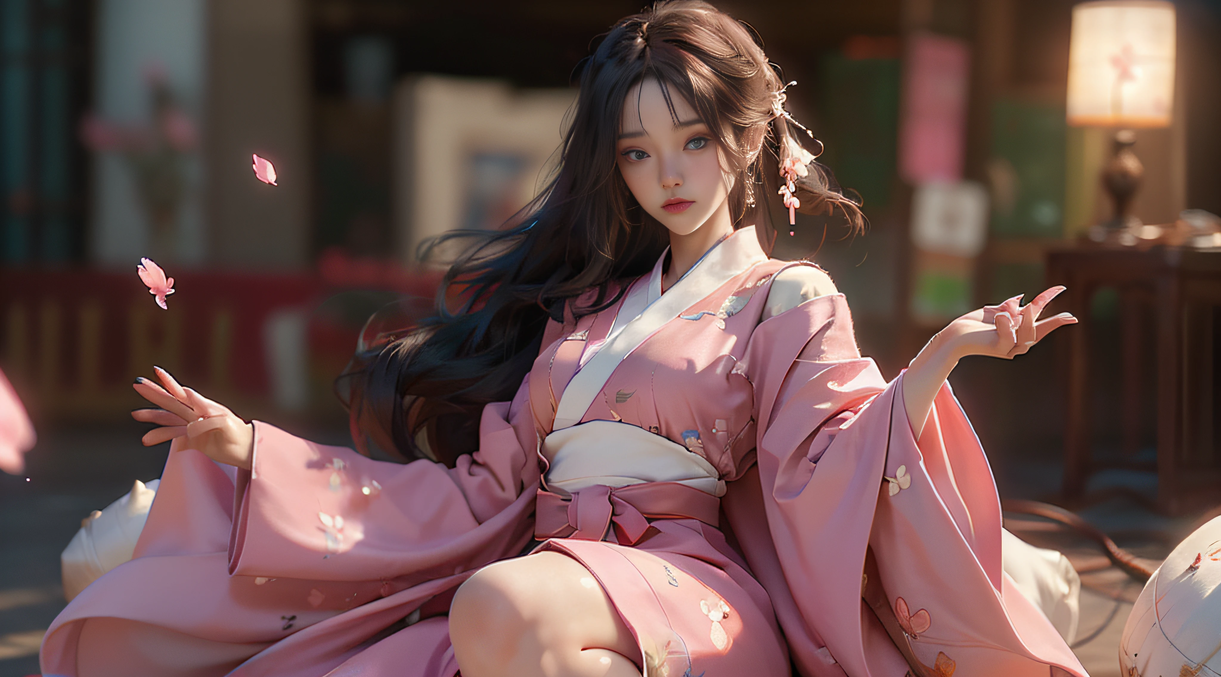 ((Best Quality)), ((Masterpiece)), (Detail: 1.4), 3D, Beautiful Cyberpunk Female Image, HDR (High Dynamic Range), Ray Tracing, NVIDIA RTX, Super Resolution, Unreal 5, Subsurface Scattering, PBR Texture, Post-Processing, Anisotropic Filtering, Depth of Field, Maximum Sharpness and Sharpness, Multi-layer Texture, Albedo and Highlight Mapping, Surface Coloring, Mitsu-Accurate Simulation of Material Interactions, Perfect Proportions, Octane Rendering, Two-color Light, Large Aperture, Low ISO, white balance, regular three-point, 8K RAW, beautiful bright pupils, flowing robes, fine pupils, delicate face and eyes, long eyelashes, blush, fluffy hair, pink lips, pure, cute, cherry blossom petals falling