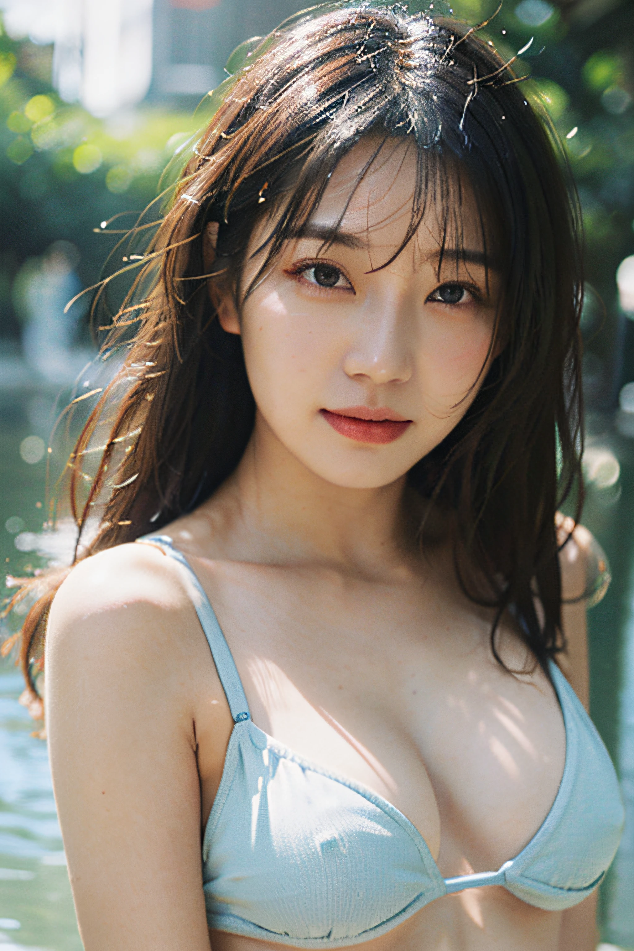 Top quality, masterpiece, ultra high definition, (realistic: 1.4), original photo, official art, wallpaper, bust photo, skin, simple background, black eyes, detail, one girl, light blue bikini, breeze, sunshine, shy face, water mist, studio light,