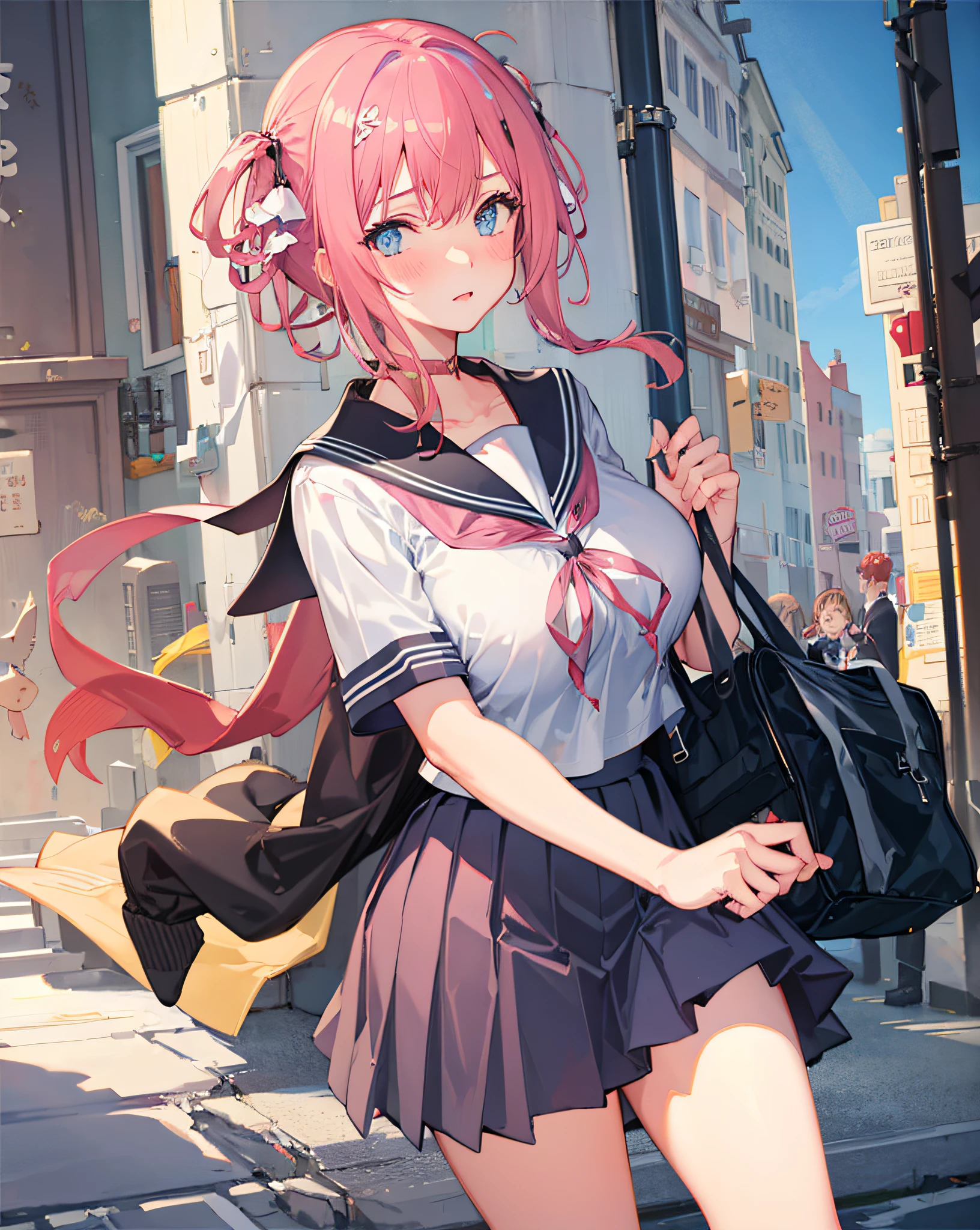1girl, big breasts, wild, street view, street, standing, cowboy shooting, ((school uniform)), serafuku, blush,