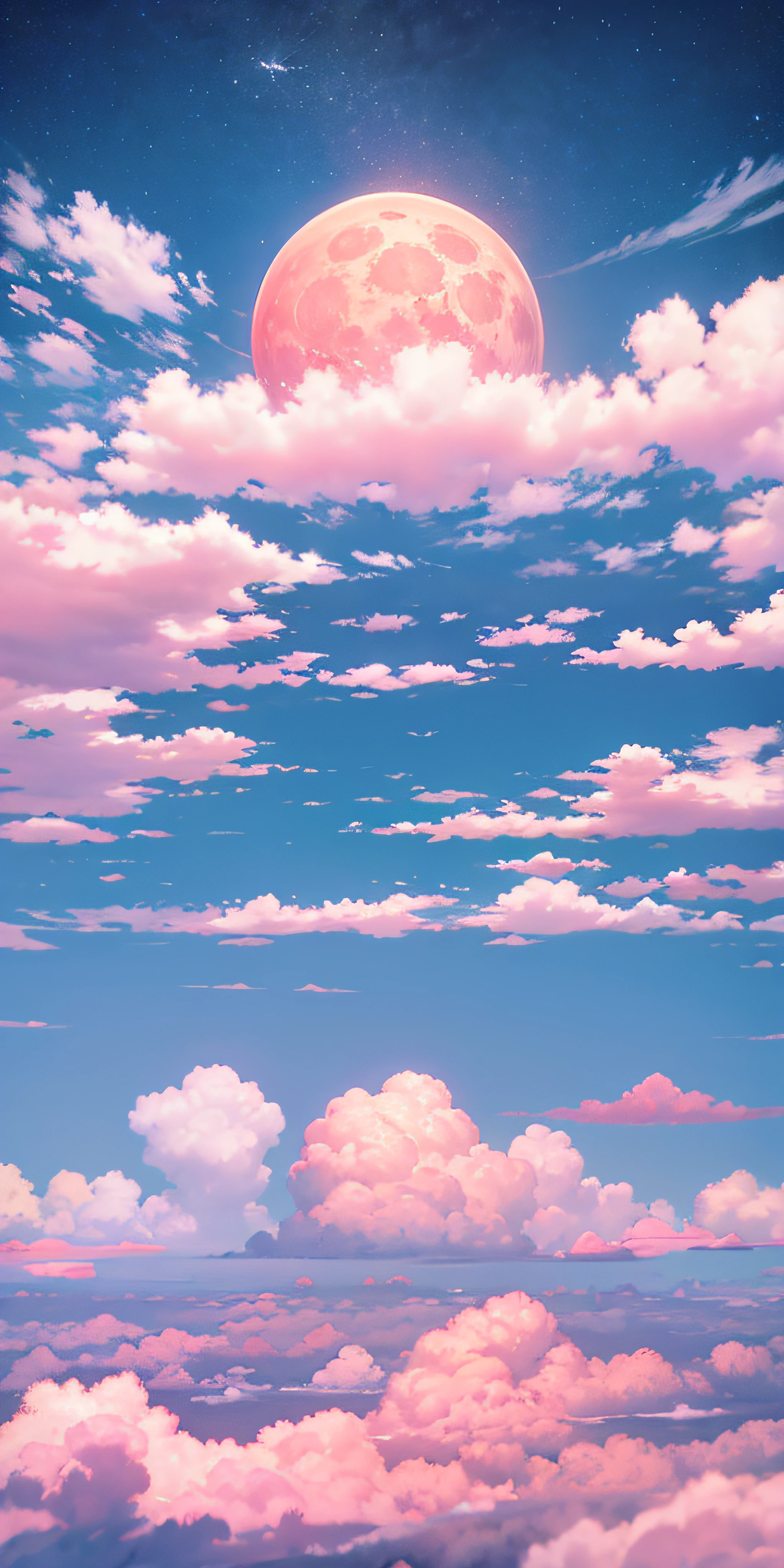 Masterpiece, best quality, (very detailed CG unified 8k wallpaper), (best quality), (best illustration), (best shadow), Octane rendering, ray tracing, super detailed, a picture of a pink moon in the sky, fluffy pink anime clouds, anime clouds, anime sky, anime background, beautiful fluffy clouds. anime, fantasy fluffy sky, moonlight cloud background, anime background art, pearl sky, marshmallow cloud, dream cloud, pink cloud, fantastic sky, background art, fluffy soft cloud, pink cloud background