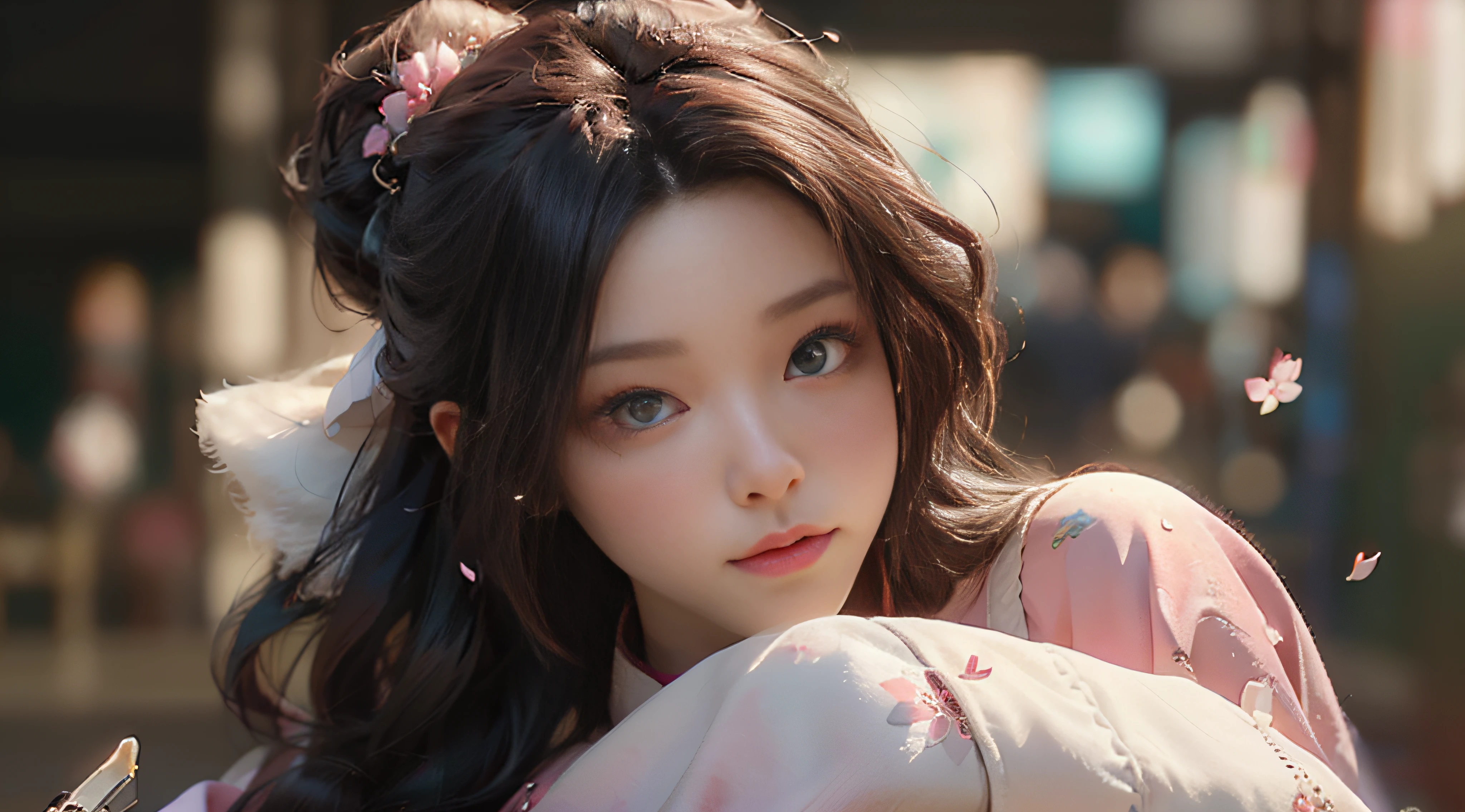 ((Best Quality)), ((Masterpiece)), (Detail: 1.4), 3D, Beautiful Cyberpunk Female Image, HDR (High Dynamic Range), Ray Tracing, NVIDIA RTX, Super Resolution, Unreal 5, Subsurface Scattering, PBR Texture, Post-Processing, Anisotropic Filtering, Depth of Field, Maximum Sharpness and Sharpness, Multi-layer Texture, Albedo and Highlight Mapping, Surface Coloring, Mitsu-Accurate Simulation of Material Interactions, Perfect Proportions, Octane Rendering, Two-color Light, Large Aperture, Low ISO, white balance, regular three-point, 8K RAW, beautiful bright pupils, flowing robes, fine pupils, delicate face and eyes, long eyelashes, blush, fluffy hair, pink lips, pure, cute, cherry blossom petals falling
