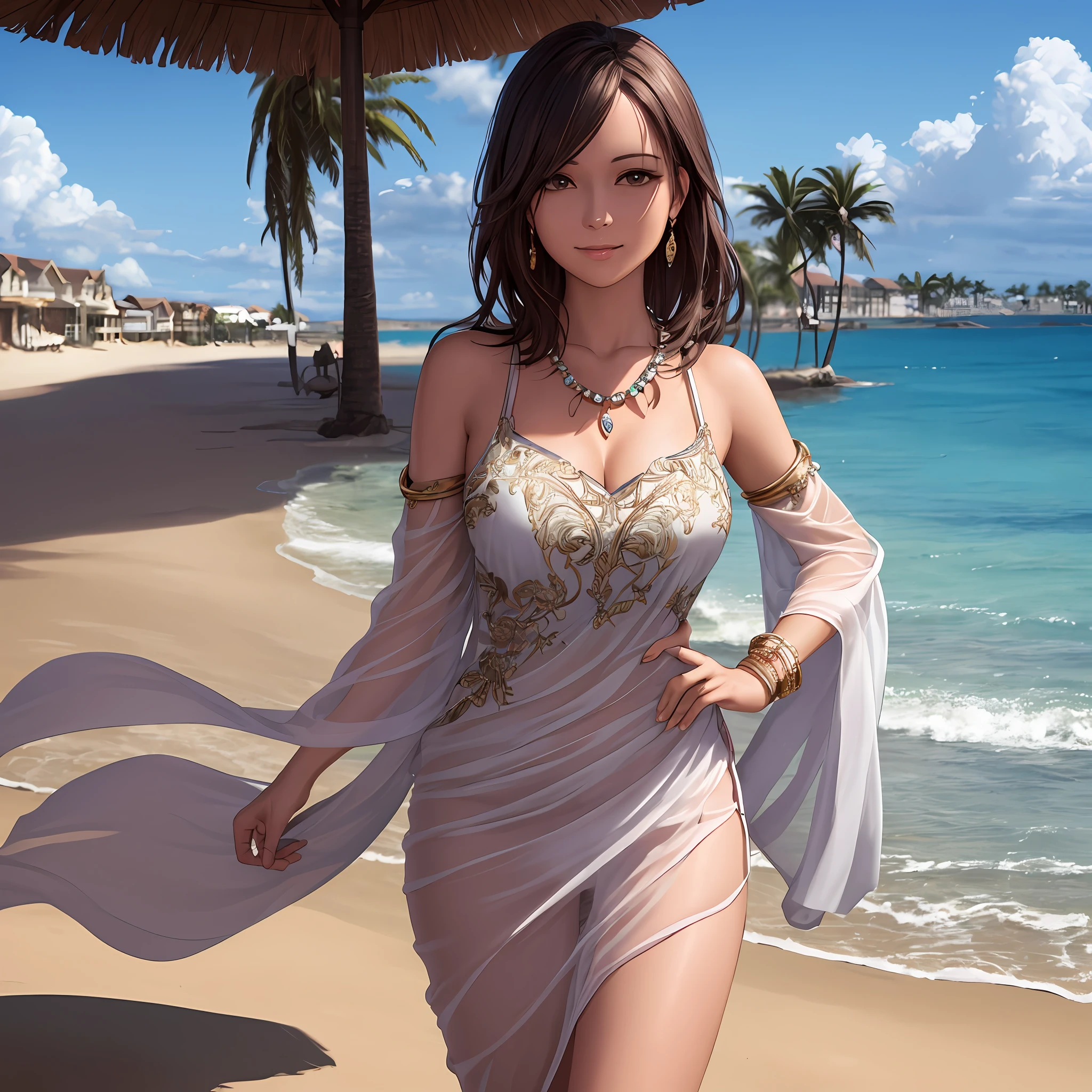 (best quality:1.1) ,(photorealistic:1.1), (photography:1.1), (highly detailed:1.1), looking at viewer,armlet, Jade bracelet, eyelashes, happy, medium breasts,beautiful detailed girl, (extremely detailed eyes and face), (lighting on face),necklace,Colorful clothes, [chinese clothes],[off shoulder], (solo:1.2),seethru, sandbeach,sand,Standing by the seaside, summer, (beautiful detailed sky), --auto