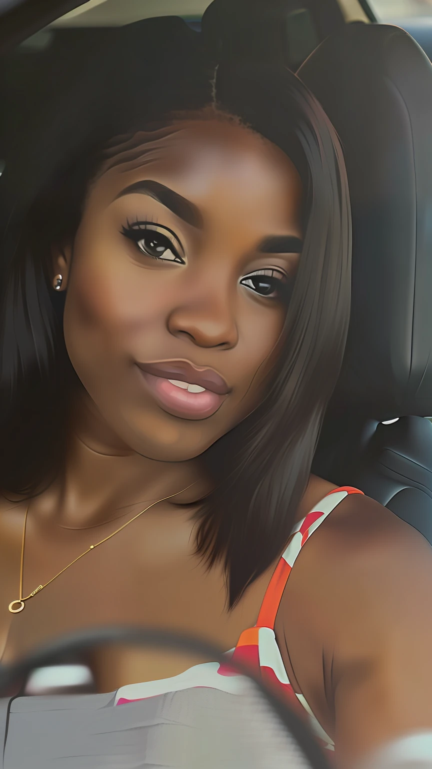 there is a woman that is sitting in a car with a steering wheel, photo of a black woman, profile picture, profile image, 1 / 2 headshot, young black woman, with brown skin, dark-skinned, dark skinned, headshot profile picture, 1 / 4 headshot, very dark brown skin!, taken in the early 2020s, headshot photo