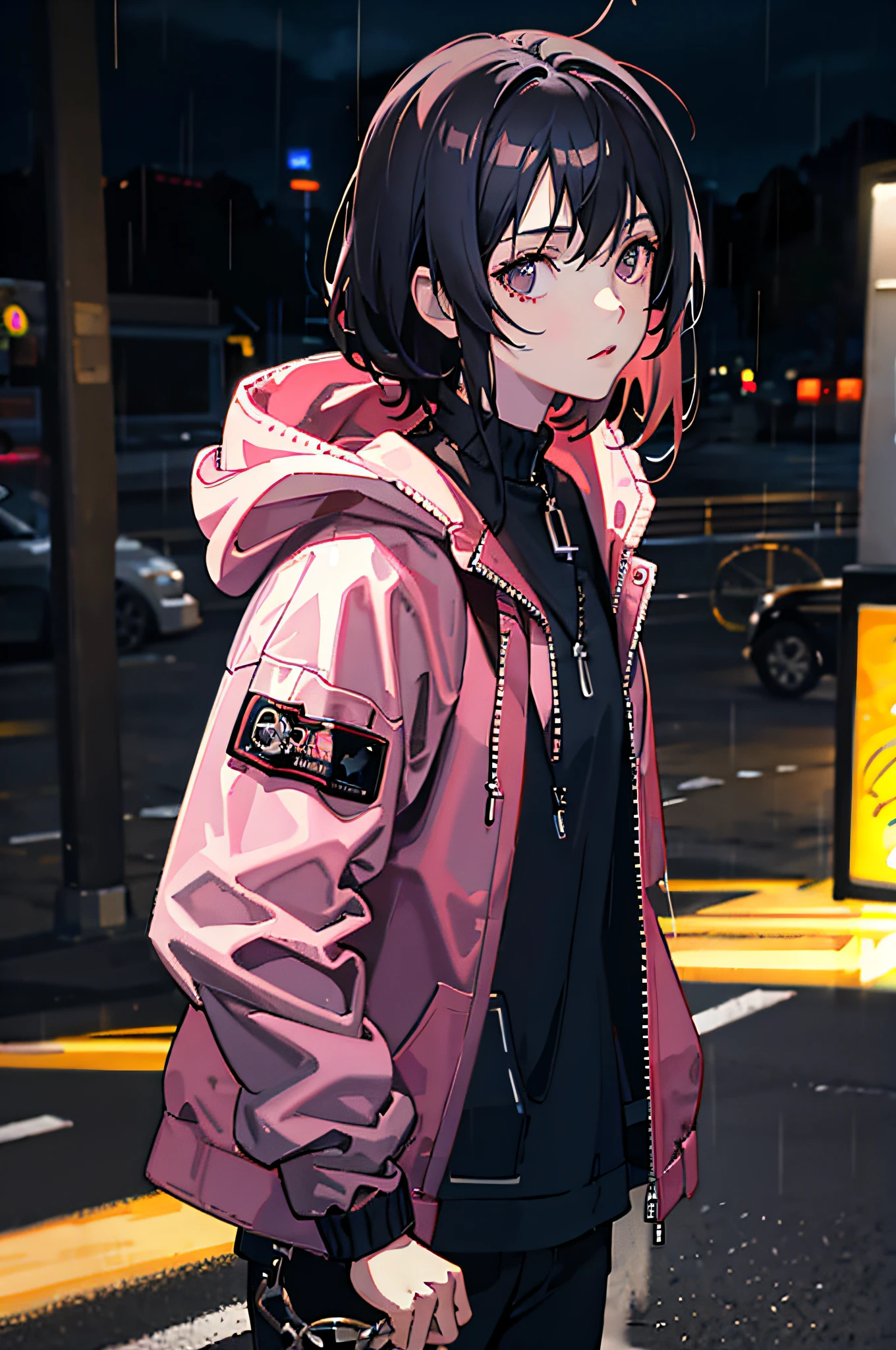1girl, pink jacket, rain, outdoors, hoodie, open jacket, chain, backpack, looking at another person, messy hair, trends on artstation, 8k resolution, very detailed, anatomically correct, clear images, digital painting, concept art, trends on pixiv, Shinkai Makoto style,
