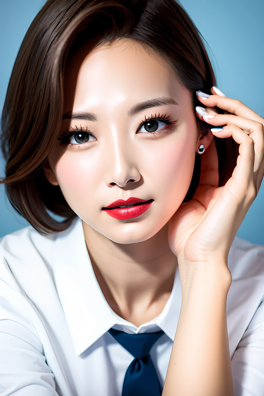 Woman in white shirt with red lips posing for photo on blue and white background (ulzzang-6500-v1.1:0.2)