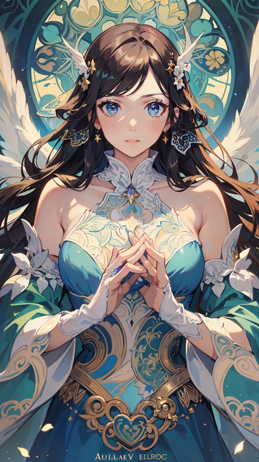 high quality, beautiful detailed eyes, 16k, (cinematic lighting), dynamic angle, (((art nouveau))), (((masterpiece))), (((best quality))), ((ultra-detailed)), (illustration), (detailed light),((an extremely delicate and beautiful)),(beautiful detailed eyes), (sunlight),(angel),solo,young girls,dynamic angle,floating, bare_shoulders,looking_at_viewer ,wings ,arms_up,halo,Floating white silk,(Holy Light),just like silver stars imploding we absorb the light of day, [(white background:1.5)::0.1], kaleidoscope, white fur, elbow gloves, [[delicate fingers and hands:0.55]::0.85],(detail fingers), colorful,