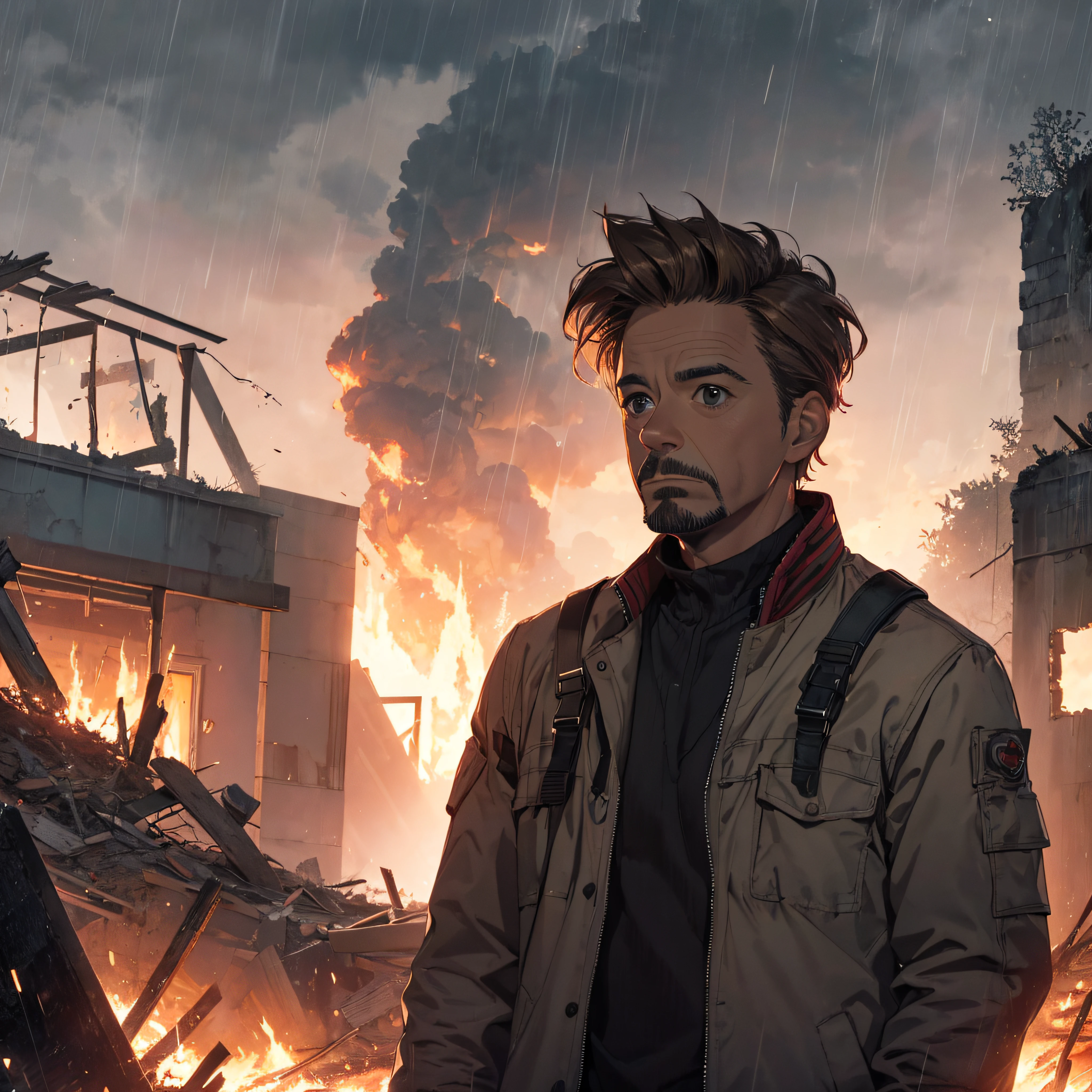 A handsome man, Robert Downey Jr., with a bland expression, a wide jacket, the end of the world, raining, and a fire burning in the background of a deserted ruin