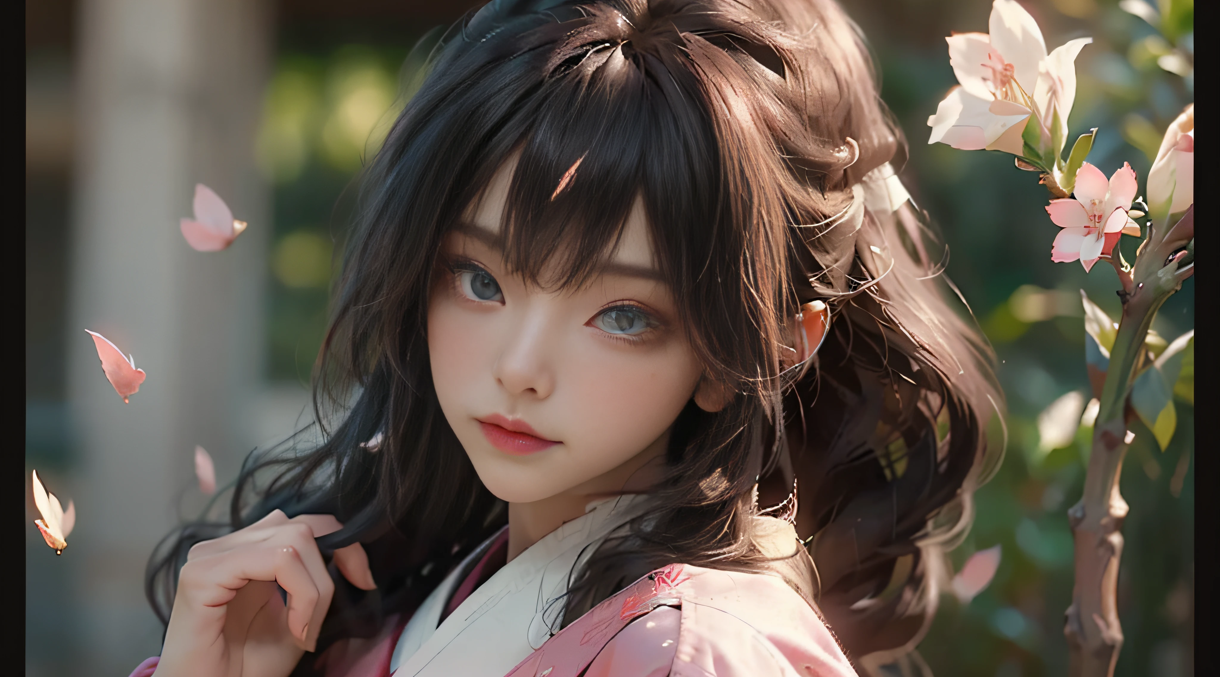 ((Best Quality)), ((Masterpiece)), (Detail: 1.4), 3D, Beautiful Cyberpunk Female Image, HDR (High Dynamic Range), Ray Tracing, NVIDIA RTX, Super Resolution, Unreal 5, Subsurface Scattering, PBR Texture, Post-Processing, Anisotropic Filtering, Depth of Field, Maximum Sharpness and Sharpness, Multi-layer Texture, Albedo and Highlight Mapping, Surface Coloring, Mitsu-Accurate Simulation of Material Interactions, Perfect Proportions, Octane Rendering, Two-color Light, Large Aperture, Low ISO, white balance, regular three-point, 8K RAW, beautiful bright pupils, flowing robes, fine pupils, delicate face and eyes, long eyelashes, blush, fluffy hair, pink lips, pure, cute, cherry blossom petals falling