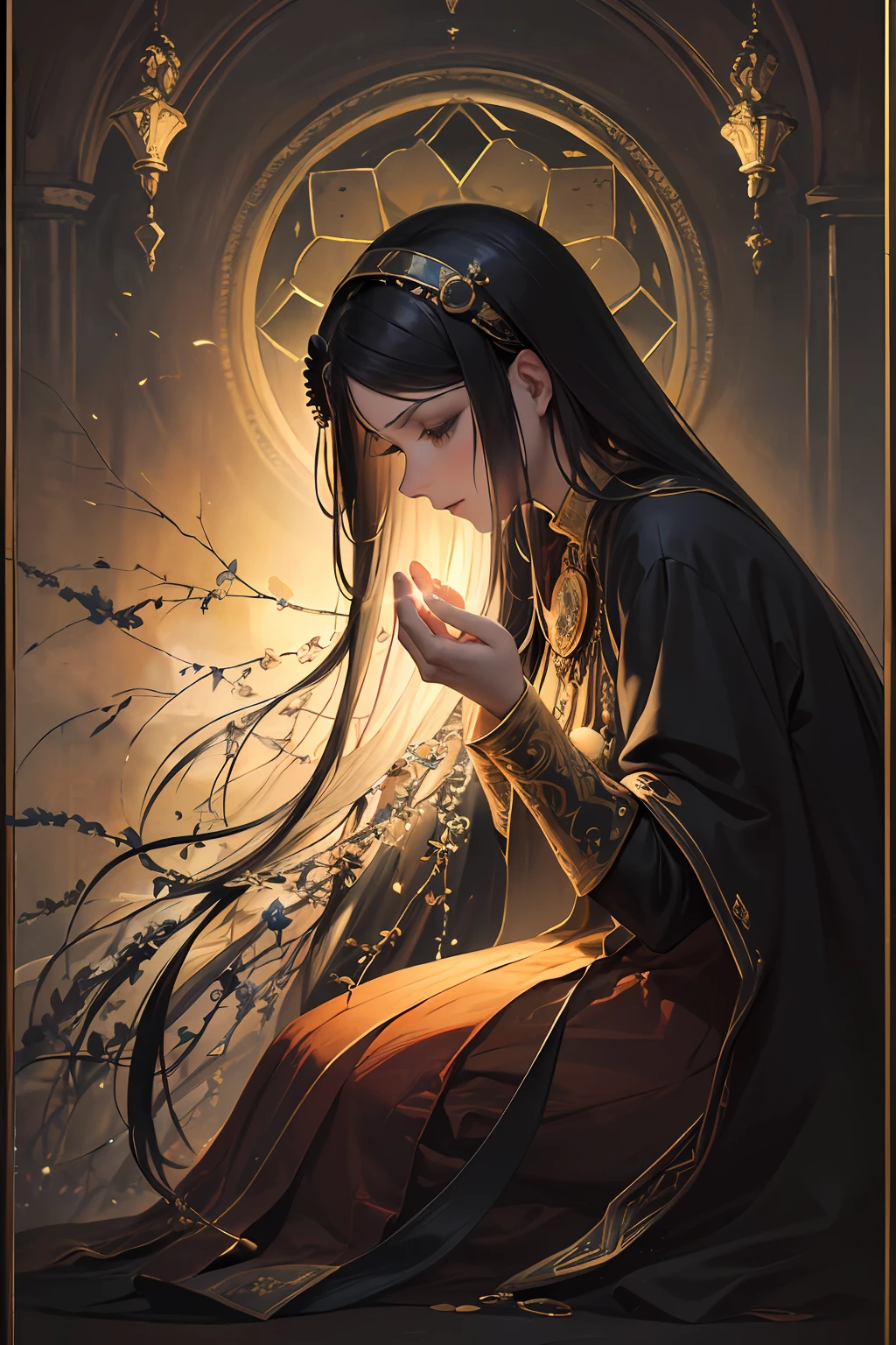 A saint kneels in prayer in a moonlit cathedral at midnight, illuminated by a blessed light. The saint has a beautiful face and wears elaborate and delicate ornaments and dresses. The altar of the cathedral, majestic and beautiful. Detailed drawings. Vivid colors. High image quality. 《(textured oil painting,Overcoat of glaze,thick impasto,Creating light and shadow):1.4, Rembrandt,rich colors, expressive technique,》low-key lighting, moody ambiance, dark shadows, subtle highlights, mysterious aura,colorful, blooming light effect, light from heaven,