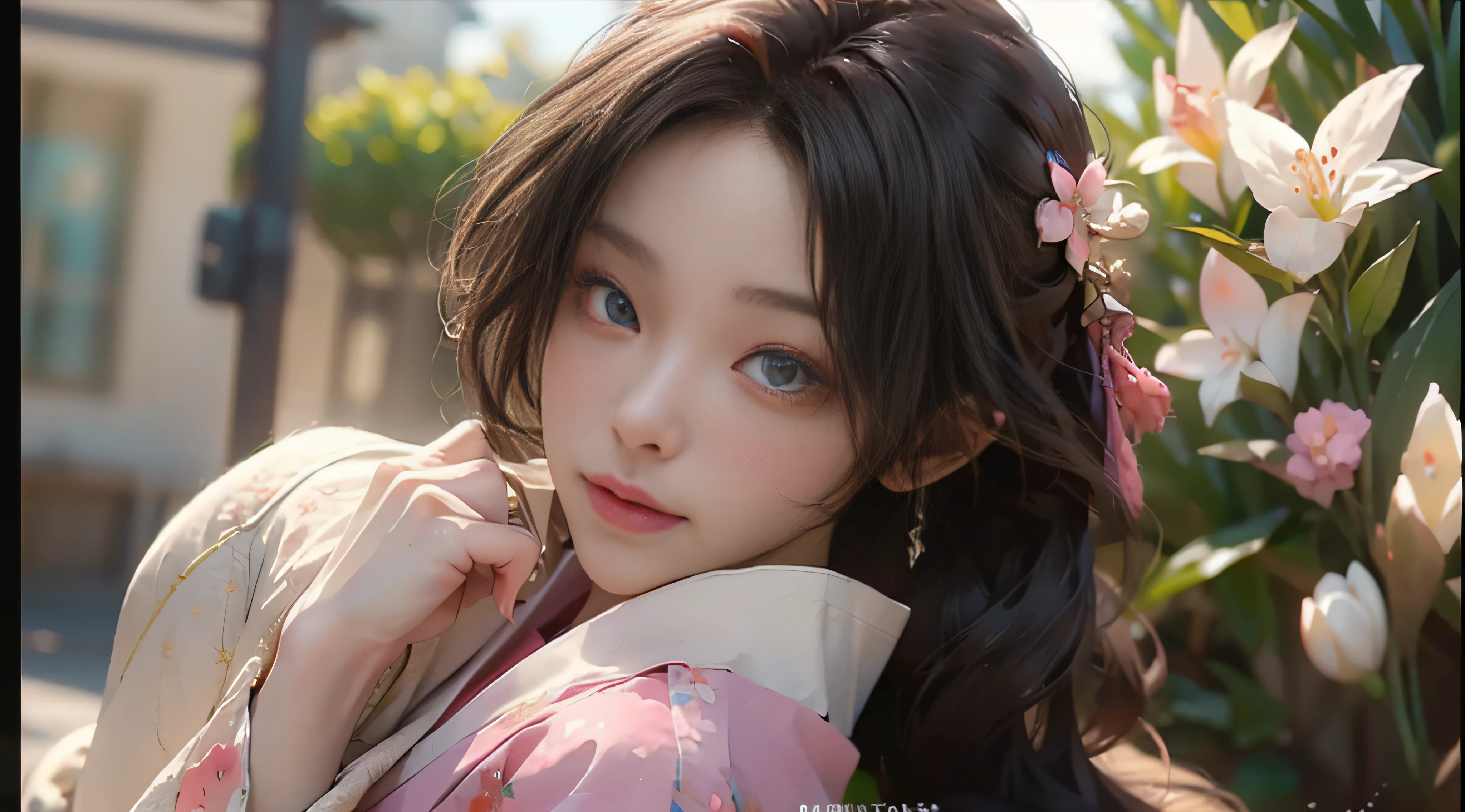 ((Best Quality)), ((Masterpiece)), (Detail: 1.4), 3D, Beautiful Cyberpunk Female Image, HDR (High Dynamic Range), Ray Tracing, NVIDIA RTX, Super Resolution, Unreal 5, Subsurface Scattering, PBR Texture, Post-Processing, Anisotropic Filtering, Depth of Field, Maximum Sharpness and Sharpness, Multi-layer Texture, Albedo and Highlight Mapping, Surface Coloring, Mitsu-Accurate Simulation of Material Interactions, Perfect Proportions, Octane Rendering, Two-color Light, Large Aperture, Low ISO, white balance, regular three-point, 8K RAW, beautiful bright pupils, flowing robes, fine pupils, delicate face and eyes, long eyelashes, blush, fluffy hair, pink lips, pure, cute, cherry blossom petals falling