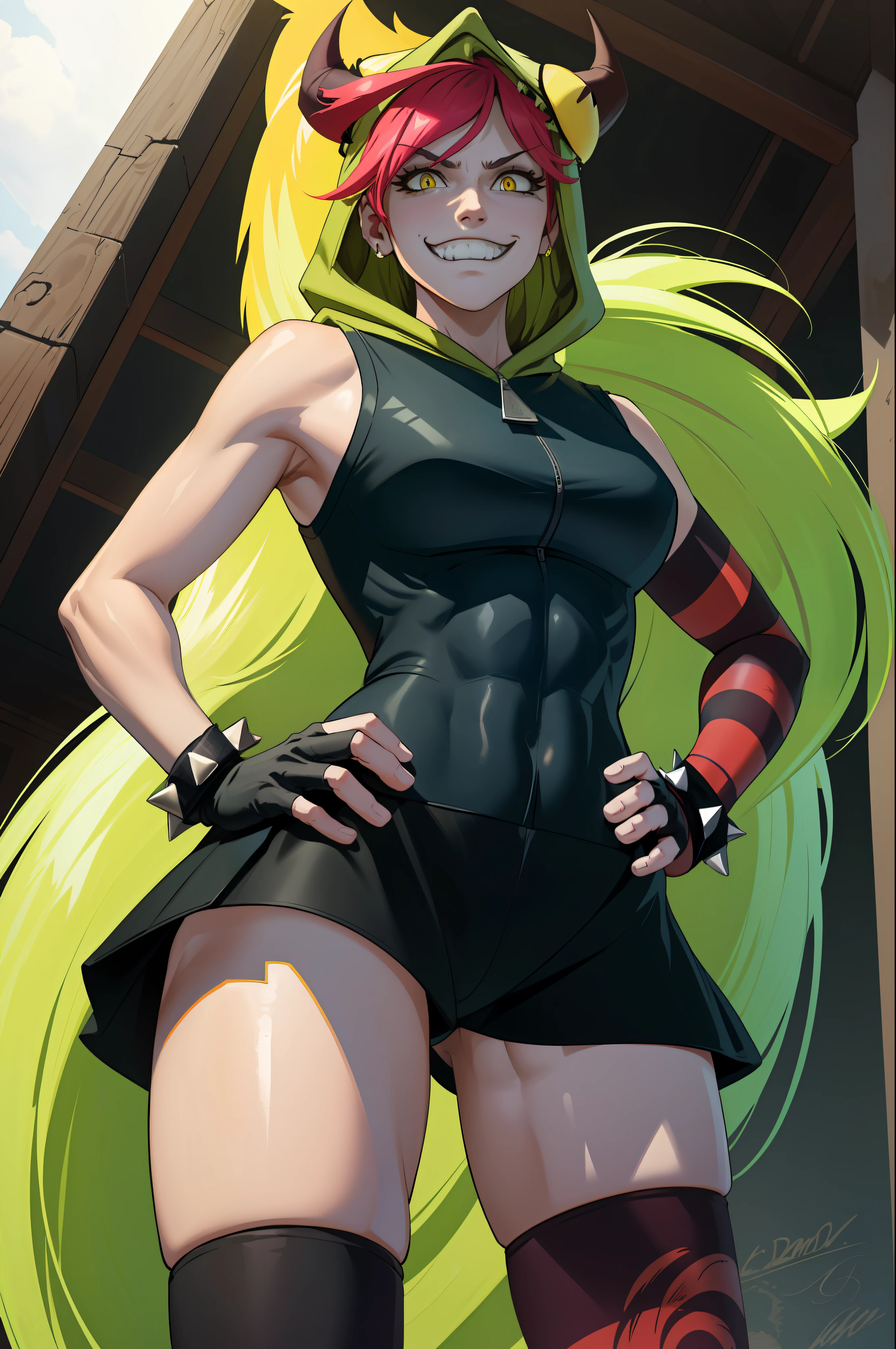 (masterpiece, best quality:1.2), cowboy shot, solo, 1girl, demencia, evil grin, looking at viewer, hands on hips, yellow eyes, striped, vest, sleeveless, hood, horns, thighhighs, fingerless gloves, jewelry, bracelet, spikes, midriff exposed, abs, (((from below)))