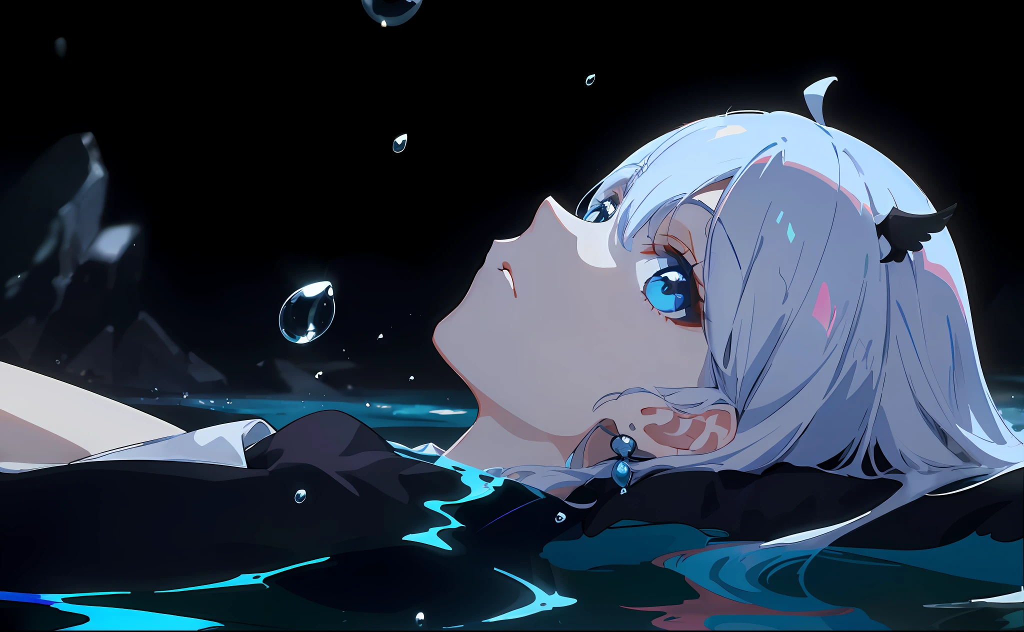 anime image of a woman floating in the water with her head in the water, anime girl on the surface of the water, waves, water drops, wading, Today's featured anime stills, (( ( ( Yoshinari Yoh ) ) ), animation stills, anime movie screenshots, characters half in the water, beautiful anime scenes, in anime movies, screenshots of anime from the 2012s, 8k wallpapers, masterpieces, cinematic lighting, top quality, illustrations, dramatic angles, ((color: 1.1)),((color inner hair:1.4)), 1 girl, solo, long hair, water, blue eyes, necklace, white, liquid hair, white hair, bangs, bangs, from side, silhouette, blue hair, simple background, gray background, bare shoulders, portrait, looking at the viewer, between hair, colorful hair,pink hair, white background, face lighting, dynamic lighting, cinematic lighting, ultra-realistic, high resolution, photography, sharp focus, highest detail, extreme detail, super detail, Fine detail, extremely detailed eyes and face