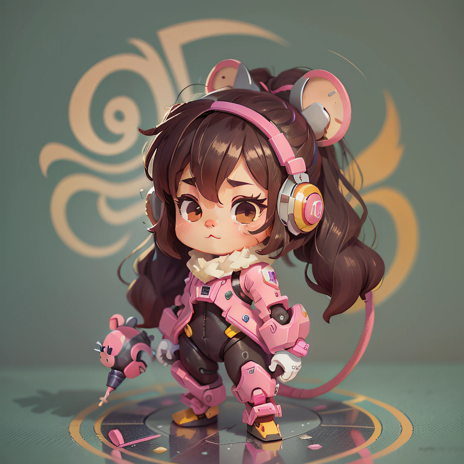 chibi, mouse, cute, mech like diva overwatch pink color suit, bigbadejo, full body, masterpiece, 3D Rendering, Best Quality, Lots of Detail, (plain background), vinyl toy figurine