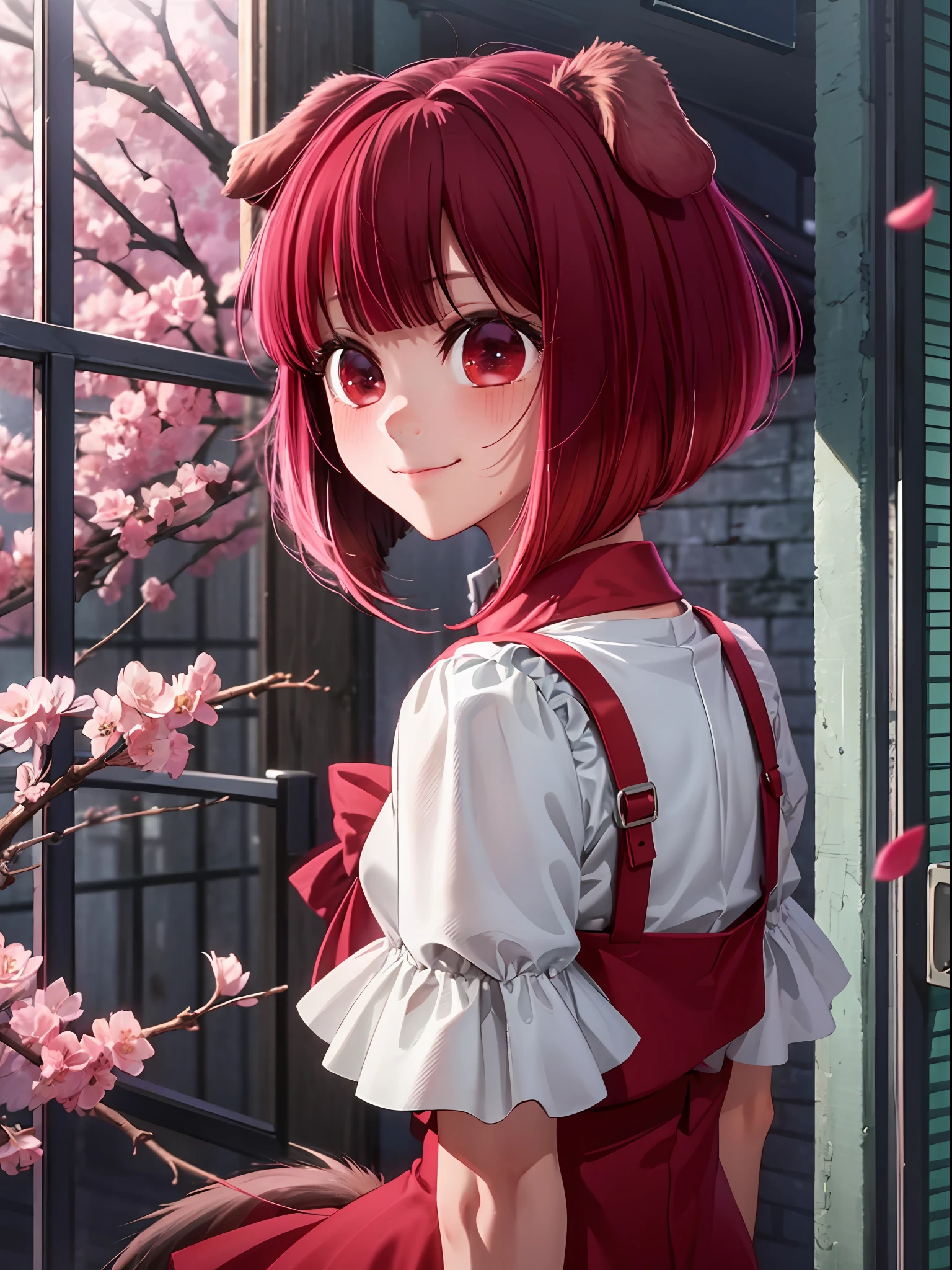 (Dog Ears, Dog Tail: 1.5), 1 Girl, Kana Arima, Red Dress, Red Hair, Red Eyes, (Masterpiece: 1.2), Hi-Res, Top Quality, 8K, Bob Cut, Cherry Blossoms, Petals, Smile