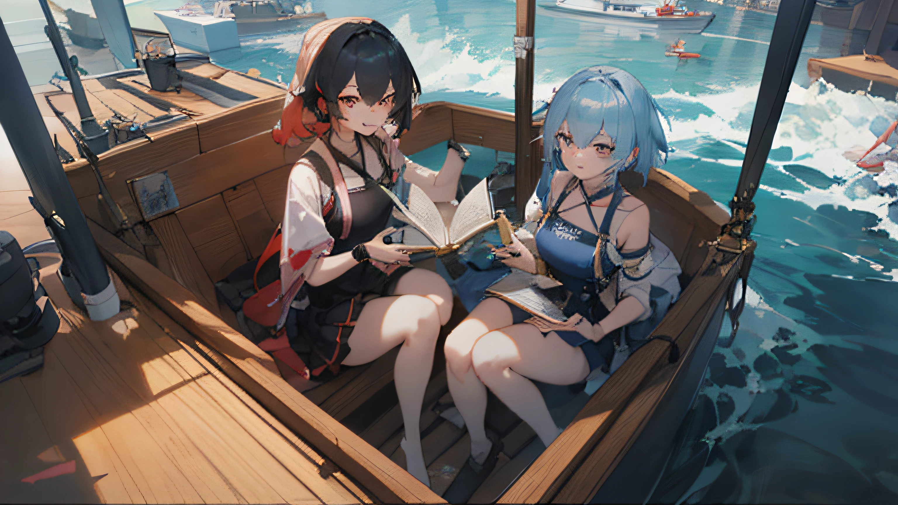anime characters sitting in a boat with a book open, from the azur lane videogame, kantai collection style, trending on cgstation, azur lane style, characters from azur lane, guweiz on pixiv artstation, artwork in the style of guweiz, guweiz on artstation pixiv, trending on artstation pixiv