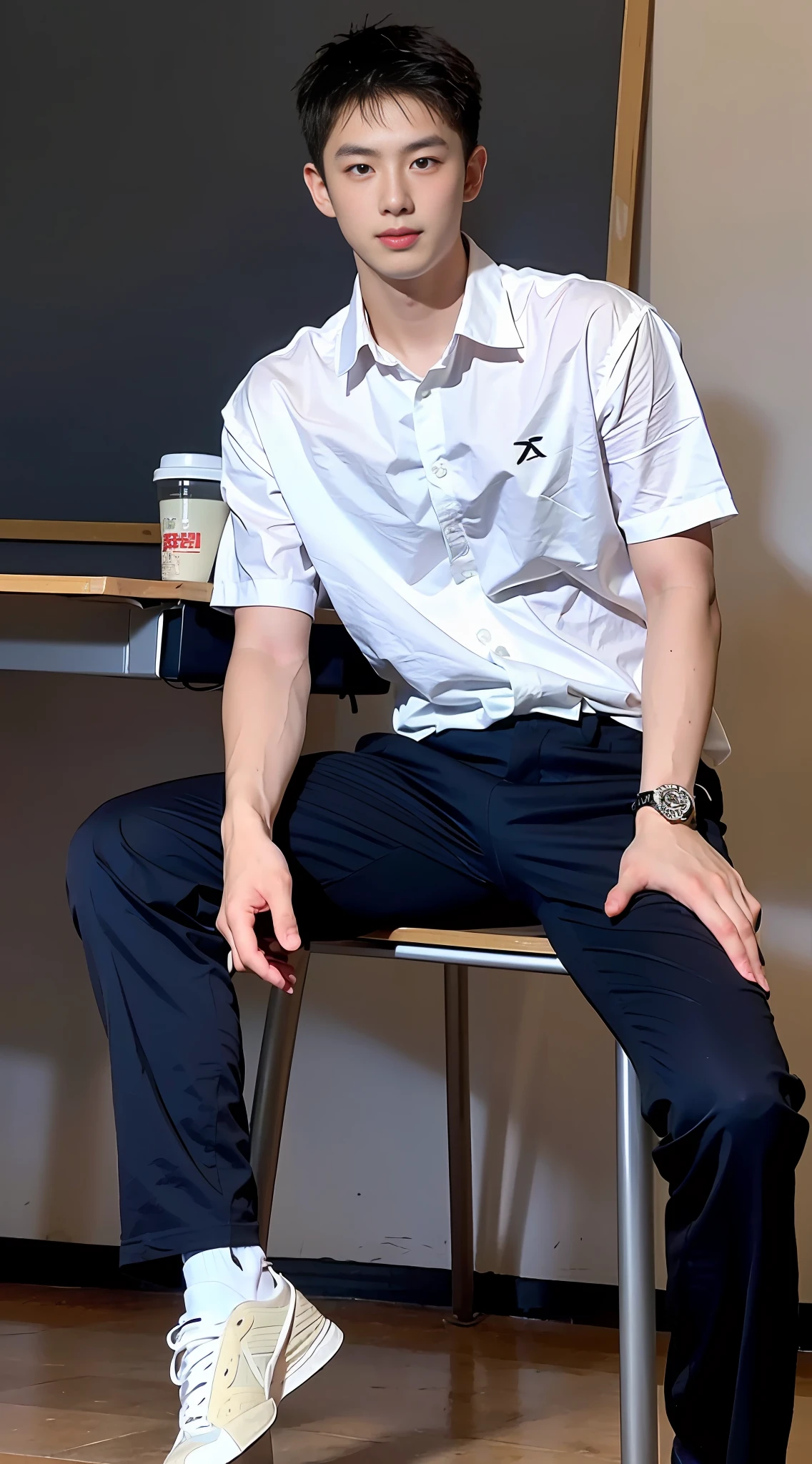 (Handsome Chinese guy: 1.5), two men lying on classroom desk, realistic photo, wearing formal clothes, textured skin, looking at the camera, 18 year old boy, studio, danshi koukousei, model, long legs queer academy, muscle character, perfect shadow body, gigachad muscle, trend in cgstation, hero male pose,