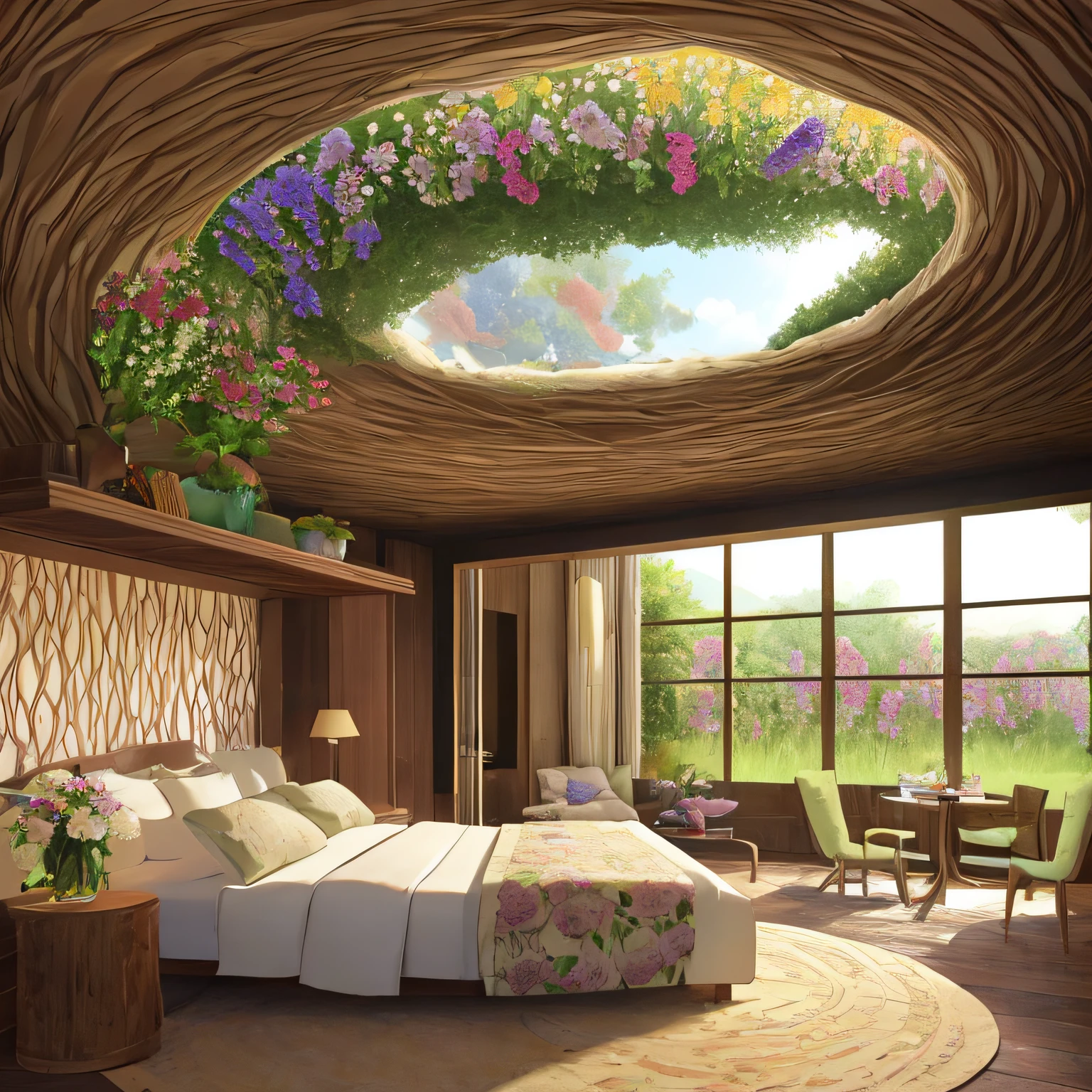 there is a bed with a lot of flowers in the middle of it, beehive interior backgrounds, a sunny bedroom, honeycomb halls, humans sleeping in healing pods, inside of a bedroom, futuristic room, interior of a hobbit hole, bed room, claustrophobic room, surreal design, cream - colored room, in a bedroom!!!!!!!!!!!!!!!!!!!!, dreamy atmosphere --auto