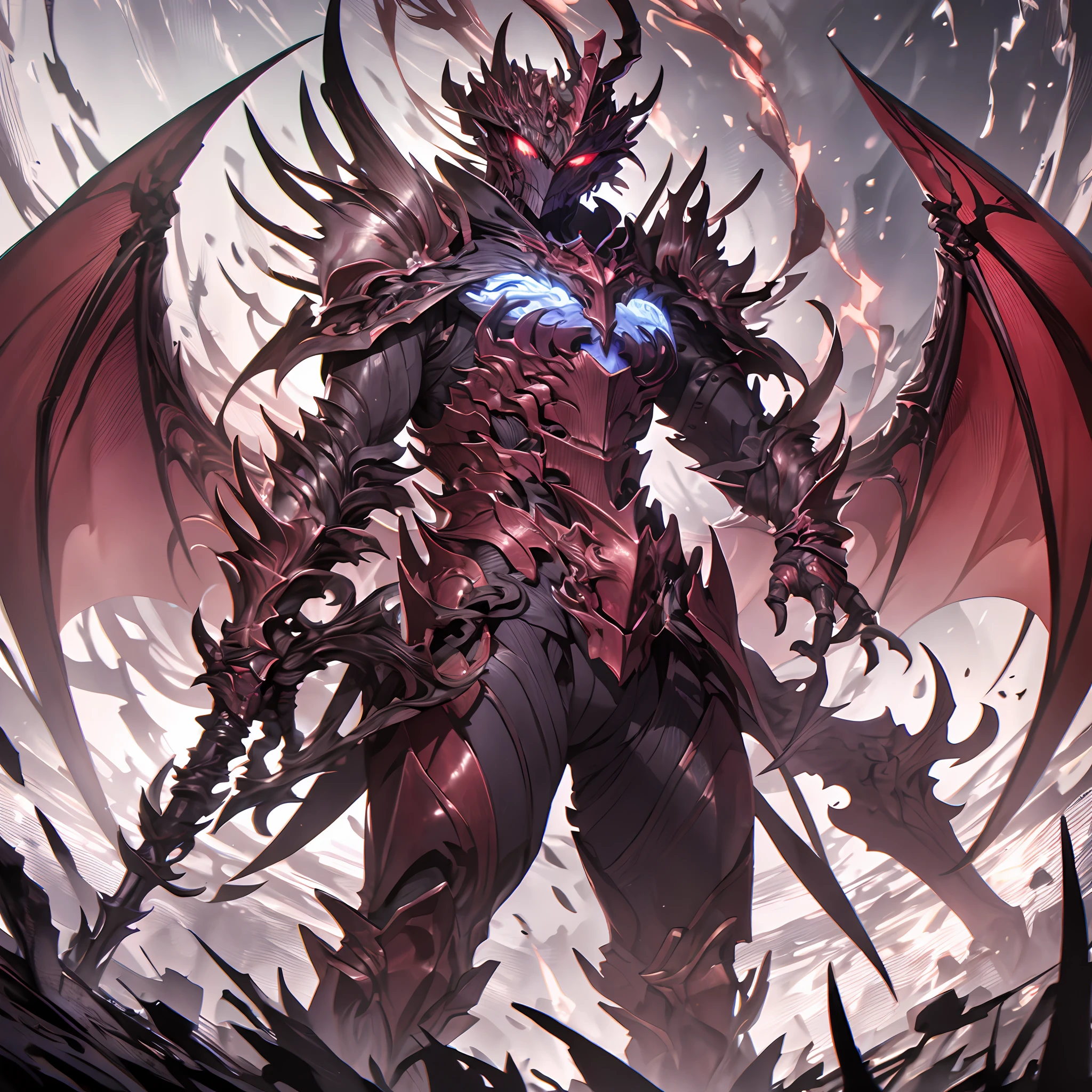 masterpiece, highly detailed CG unified 8K wallpapers, 8k uhd, dslr, high quality, clean, best illumination, a god in a red and black demonic armor, glowing eyes, cinematic, ultra-high resolution, ultra-high detailed, high-definition, shadowverse style