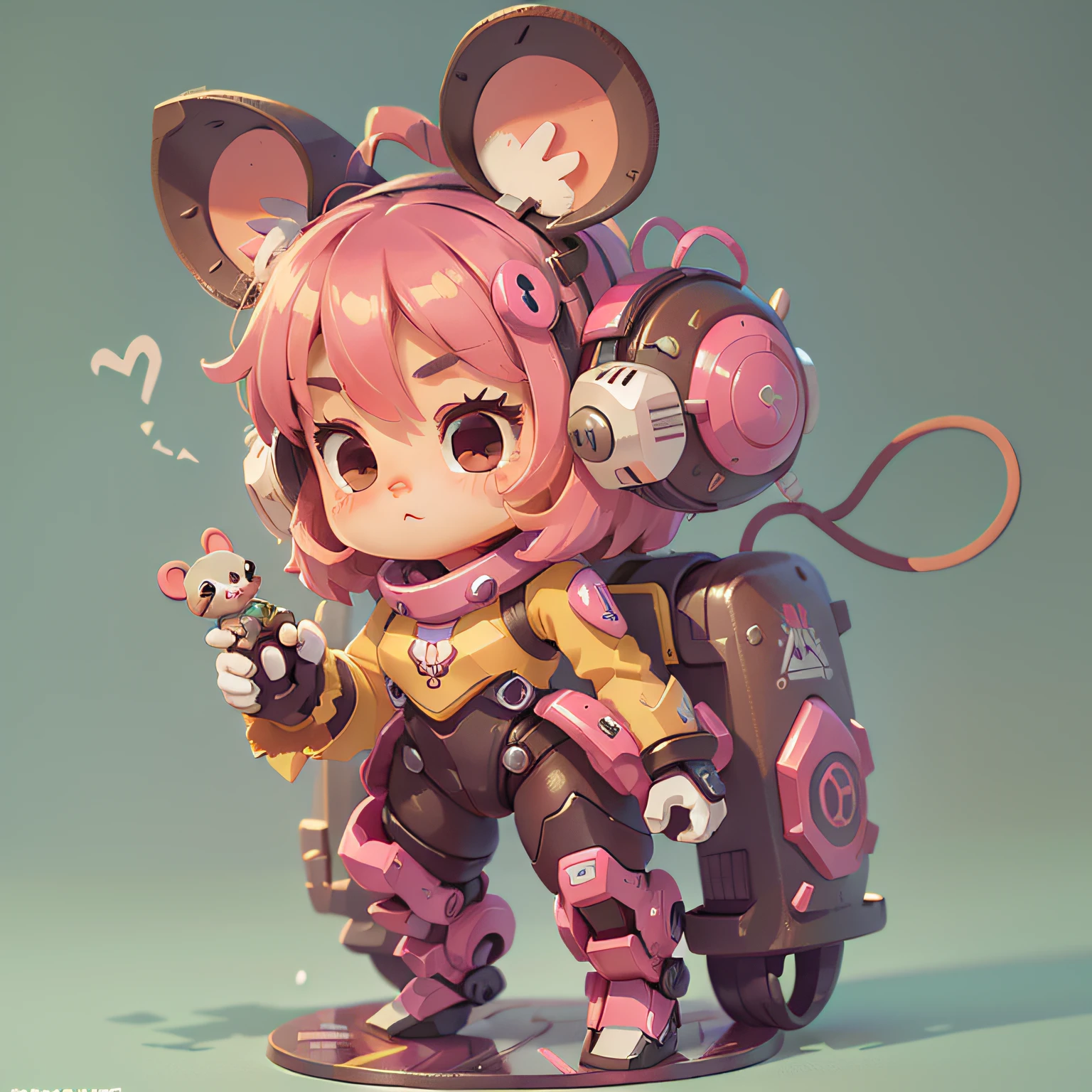 chibi, mouse, cute, mech like diva overwatch pink color suit, bigbadejo, full body, masterpiece, 3D Rendering, Best Quality, Lots of Detail, (plain background), vinyl toy figurine