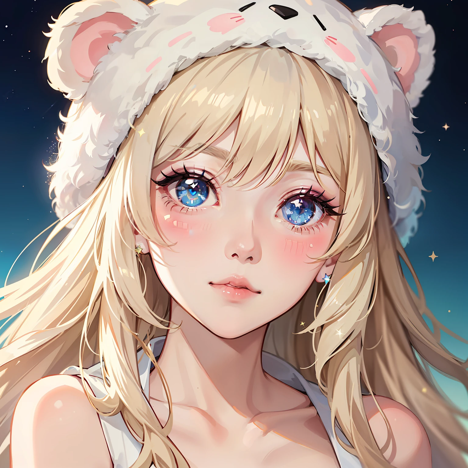 anime girl with blonde hair, Aegyo-sal, eyebags, blue gray eyes, glowing, makeup, blush, blush nose, glitter makeup on eyes, stars in eyes, perfect anime face, semi - realistic anime, detailed anime soft face, fluffy pink bear ear hat