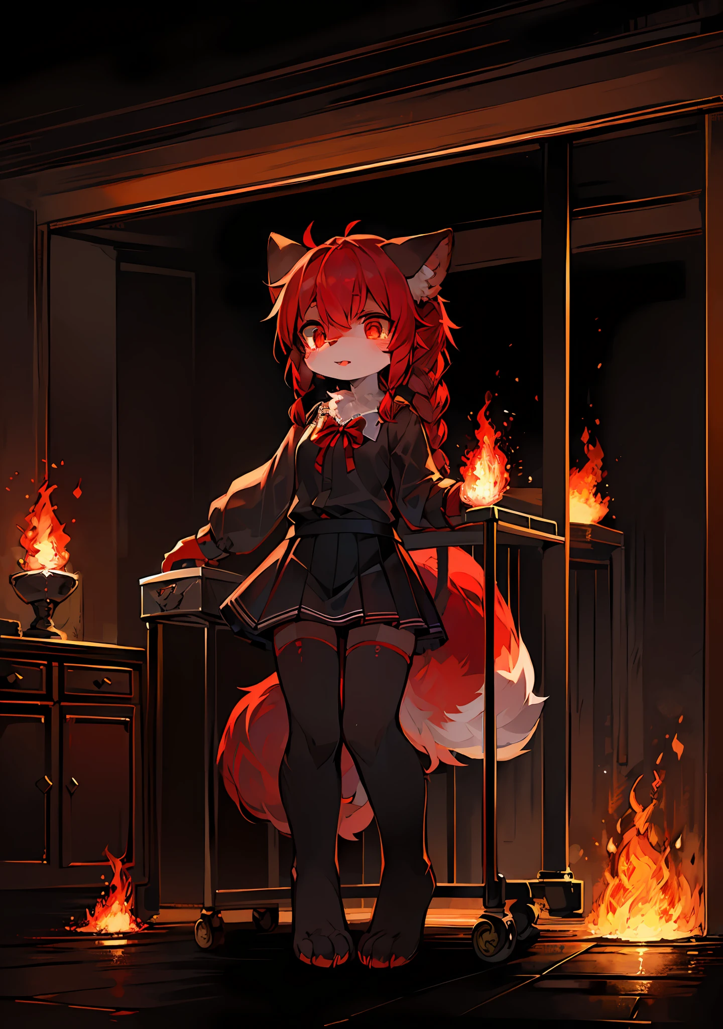(Dark Environment: 0.8), Masterpiece, High Quality, Abstract Res, Digital Painting\(artwork\), by Dagasi, Yupa, Kiyosan, (Anthro, Fluffy Fur, Character Focus: 1.1), Anthro Female Cat, Red Hair, Portrait , bright eyes, panorama, character focus. (Detailed background: 0.7), Solo, Furry, Furry Female, Female Focus, Anthr, (Full Body Fur, Fluffy Tail, Black Fur, Red Eyes, Red Hair: 1.2), (Long Canine, Feline Demon, Twisted Braid, Dark Green Bow Hair Accessories, Black Green-Trimmed Skirt, Ghost Fire, Trolley: 1.2), (Interior, Night, Hell, Lava Lake, Ghost Fire: 1.1)